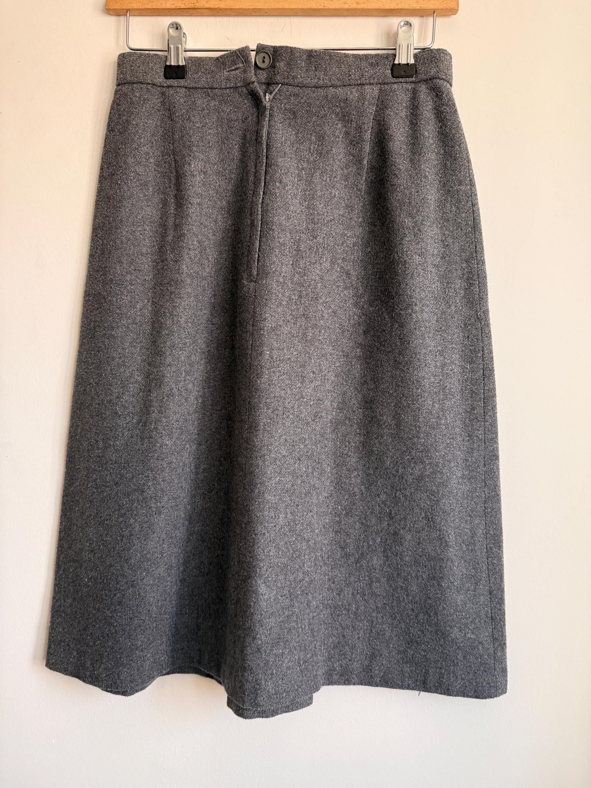 Vintage Grey Wool Blend A-Line Midi Skirt | Classic Tailored | UK 10-12