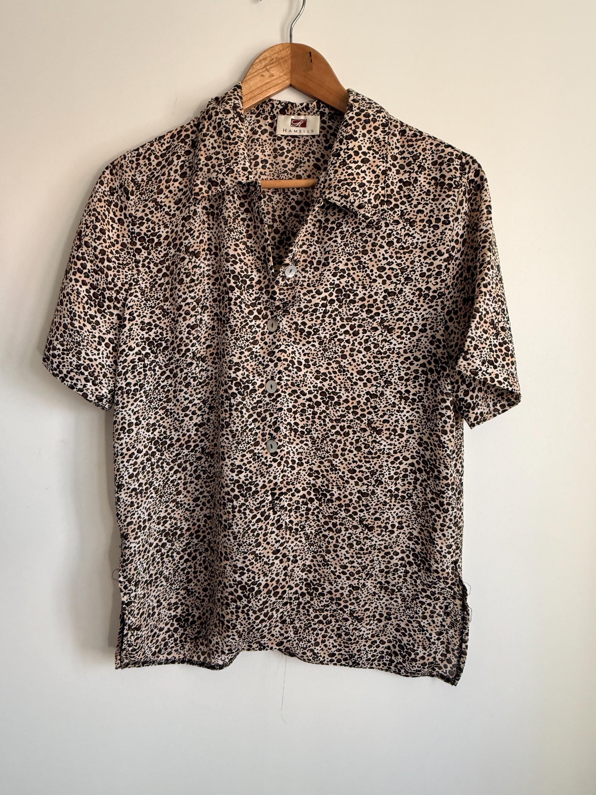 Vintage Hamells Leopard Print Blouse | 90s Animal Print Shirt | Beige & Brown Button-Up Top | Short Sleeve Vintage Blouse | UK 12-14