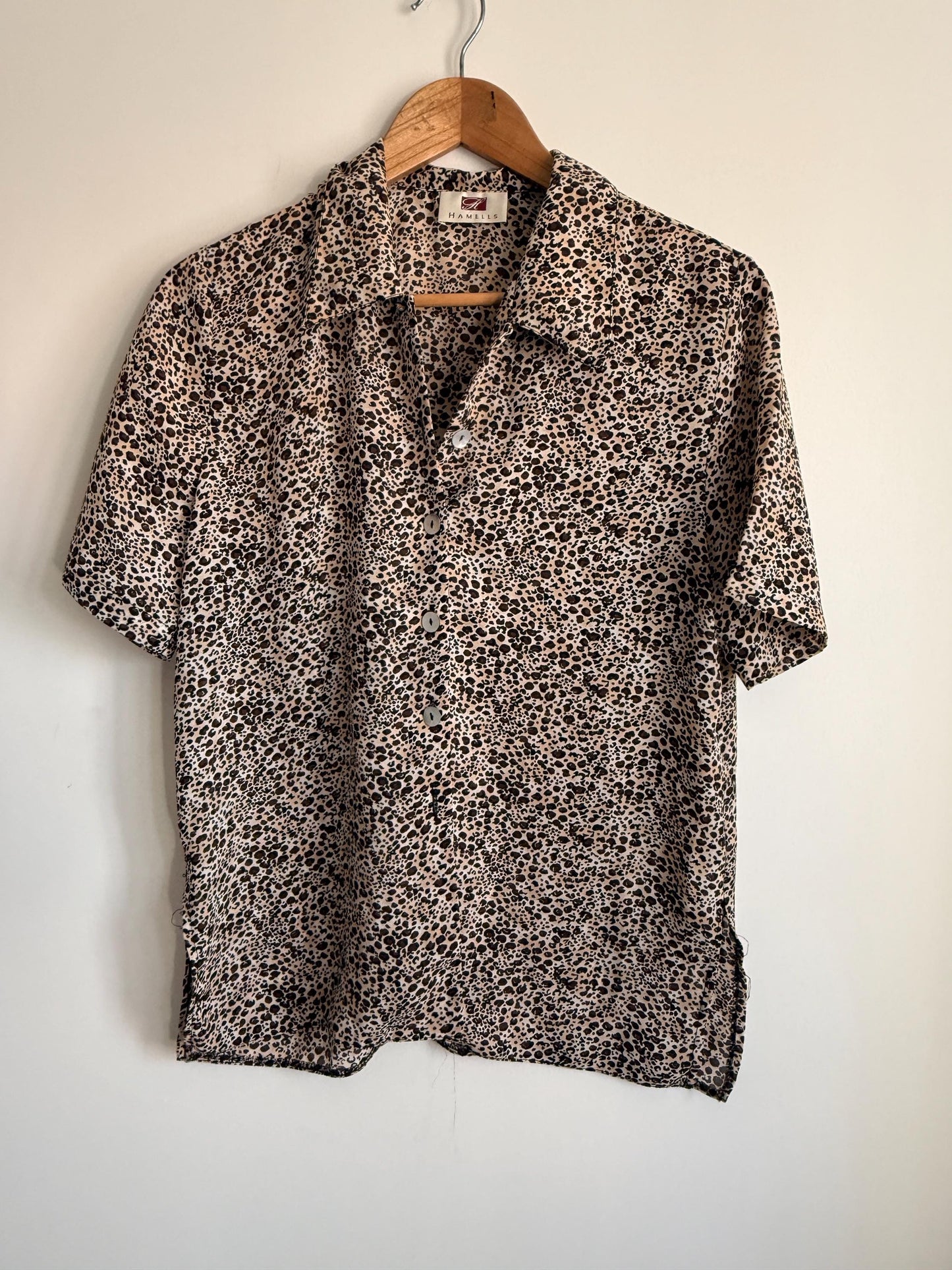 Vintage Hamells Leopard Print Blouse | 90s Animal Print Shirt | Beige & Brown Button-Up Top | Short Sleeve Vintage Blouse | UK 12-14