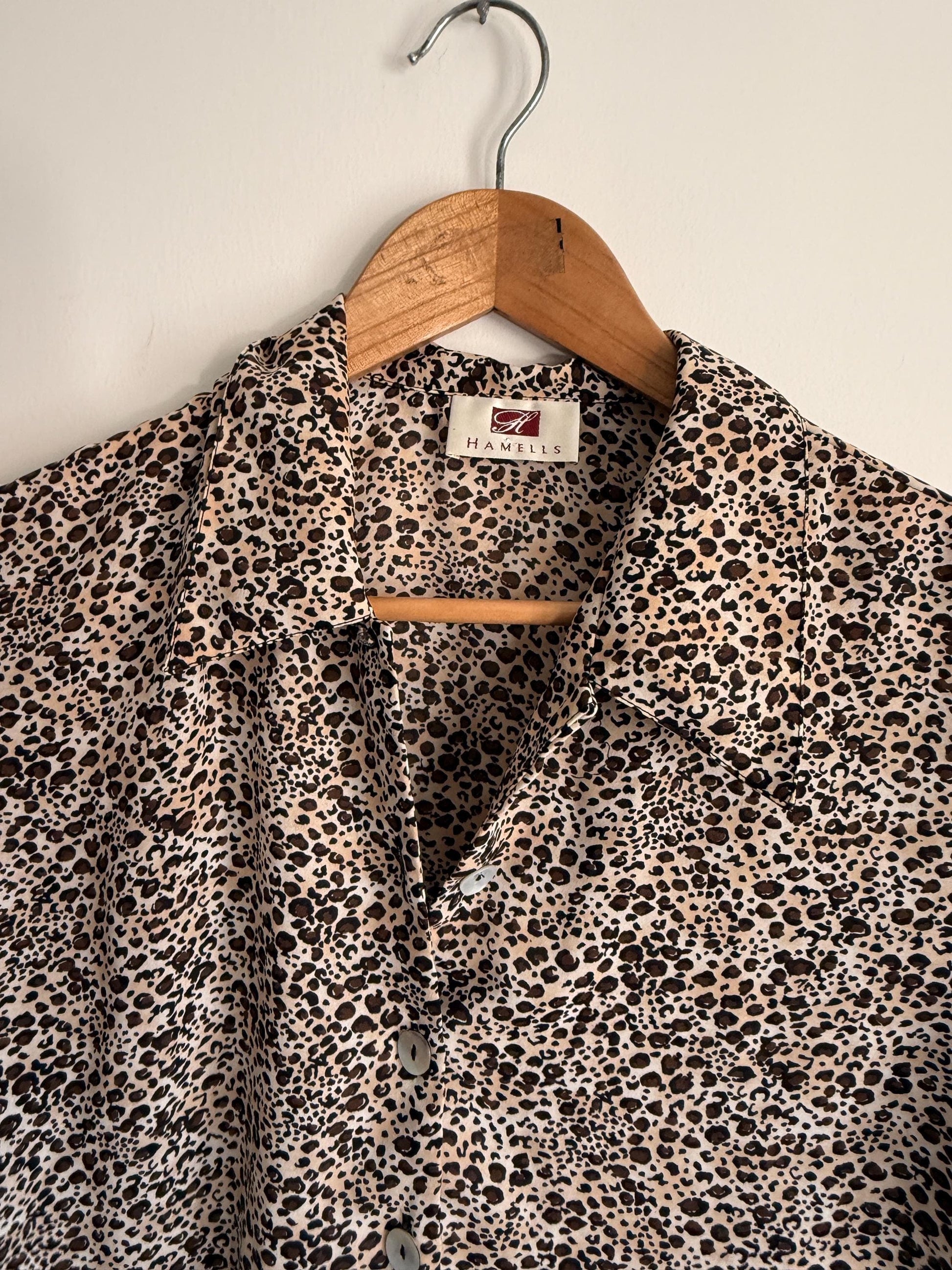 Vintage Hamells Leopard Print Blouse | 90s Animal Print Shirt | Beige & Brown Button-Up Top | Short Sleeve Vintage Blouse | UK 12-14
