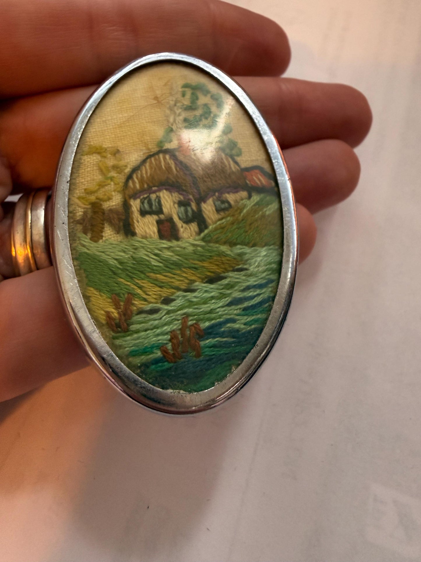 Vintage Hand Embroidered Cottage Brooch, Oval Textile Landscape Picture Pin, 1940s 1950s Needlework Jewellery