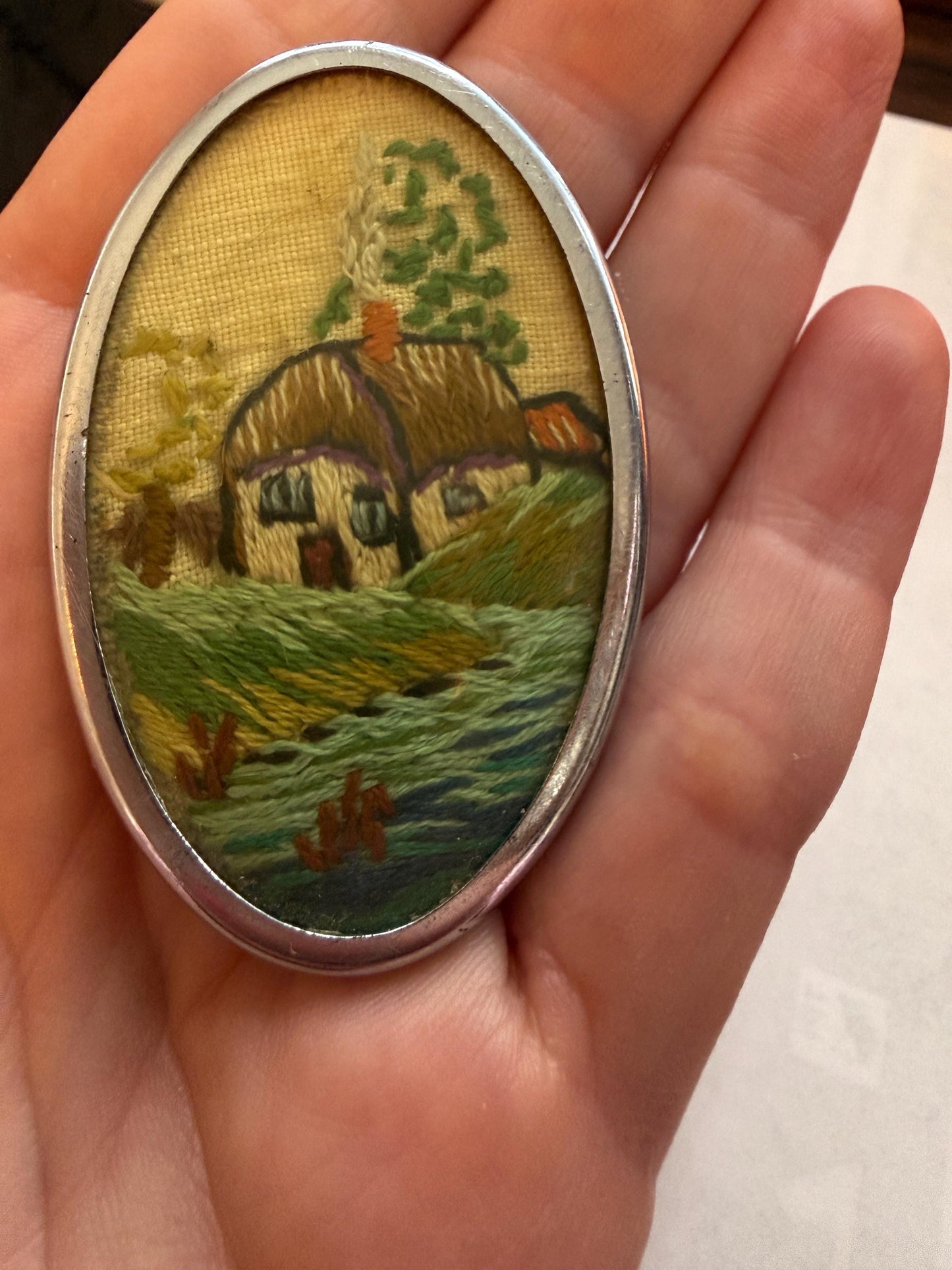 Vintage Hand Embroidered Cottage Brooch, Oval Textile Landscape Picture Pin, 1940s 1950s Needlework Jewellery
