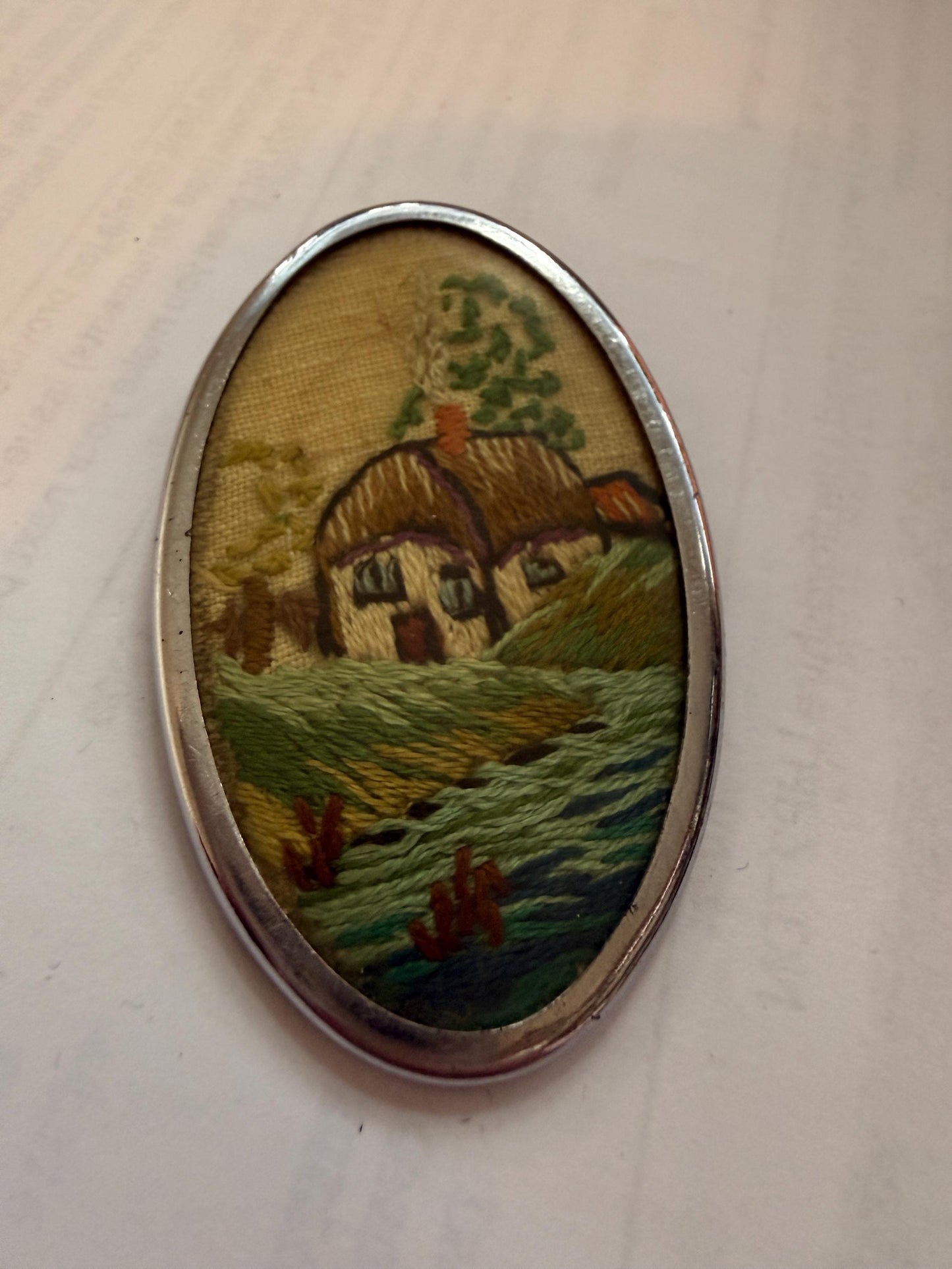 Vintage Hand Embroidered Cottage Brooch, Oval Textile Landscape Picture Pin, 1940s 1950s Needlework Jewellery