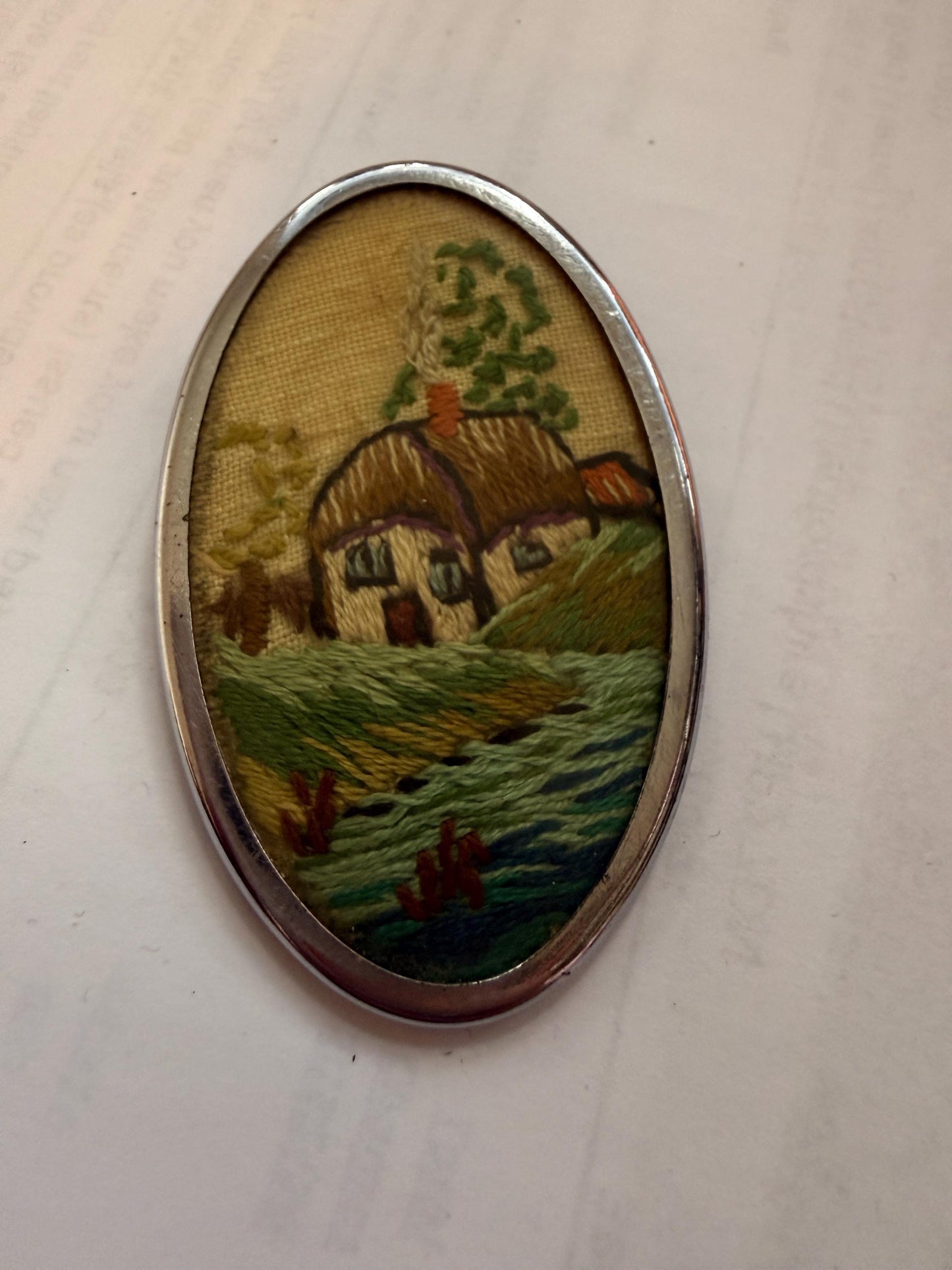 Vintage Hand Embroidered Cottage Brooch, Oval Textile Landscape Picture Pin, 1940s 1950s Needlework Jewellery