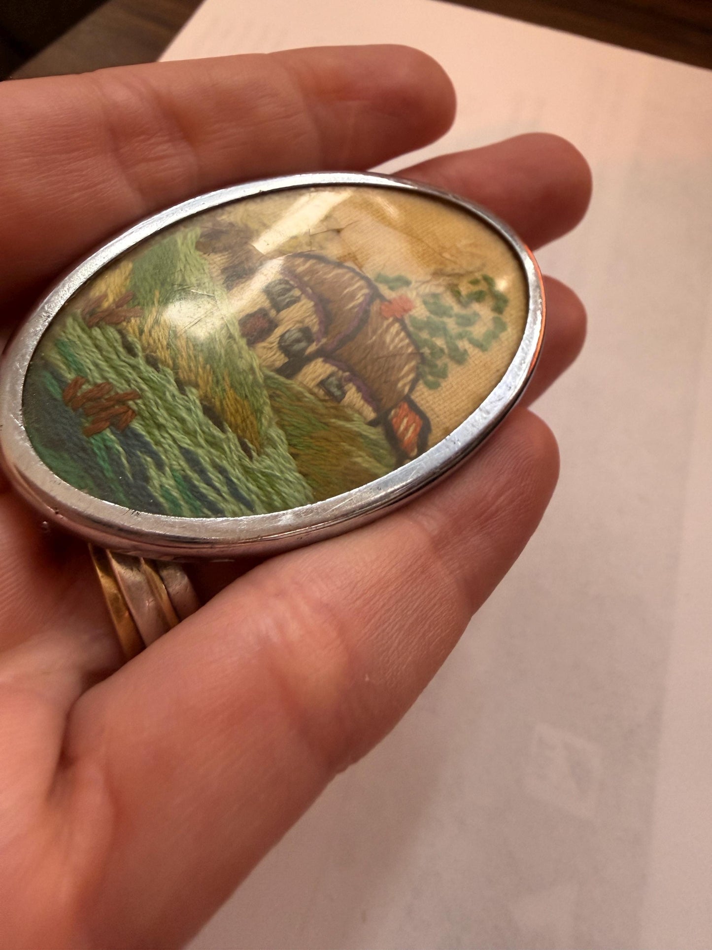 Vintage Hand Embroidered Cottage Brooch, Oval Textile Landscape Picture Pin, 1940s 1950s Needlework Jewellery