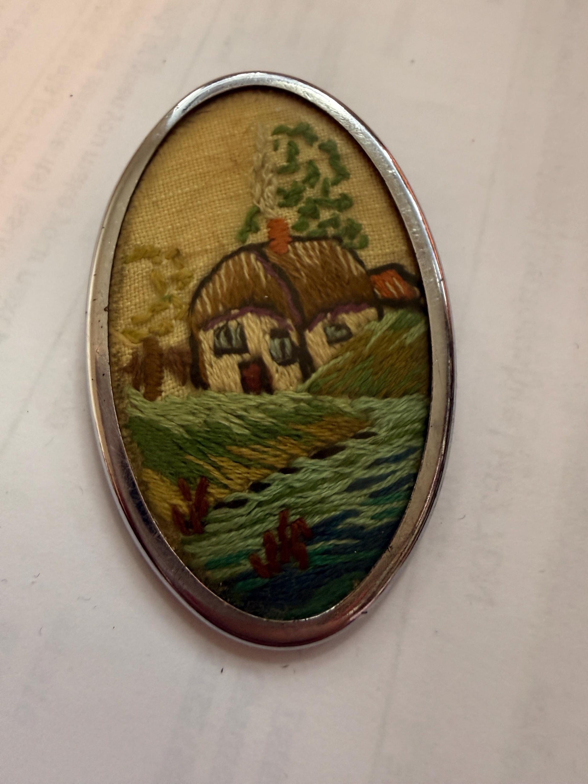 Vintage Hand Embroidered Cottage Brooch, Oval Textile Landscape Picture Pin, 1940s 1950s Needlework Jewellery