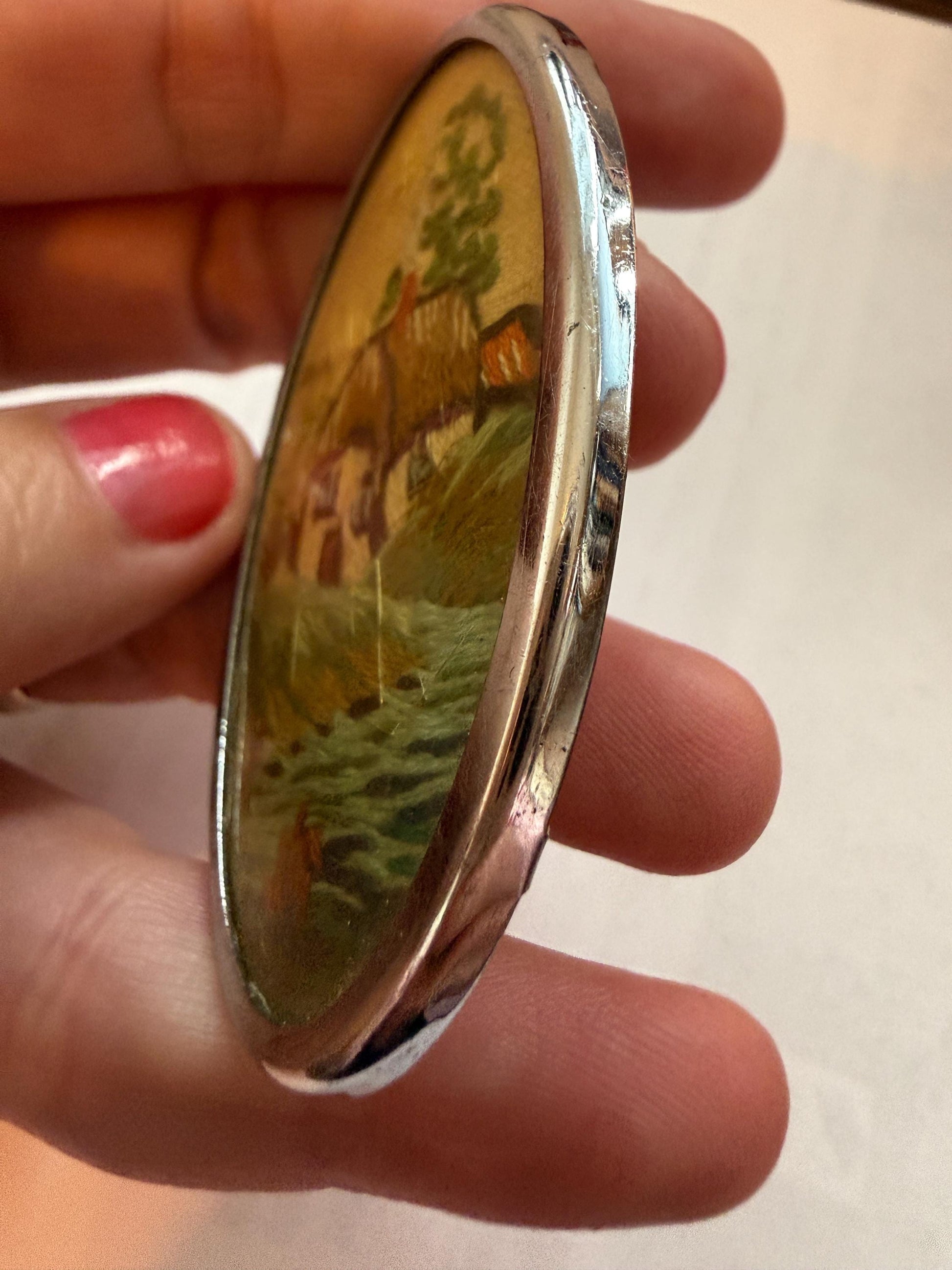 Vintage Hand Embroidered Cottage Brooch, Oval Textile Landscape Picture Pin, 1940s 1950s Needlework Jewellery
