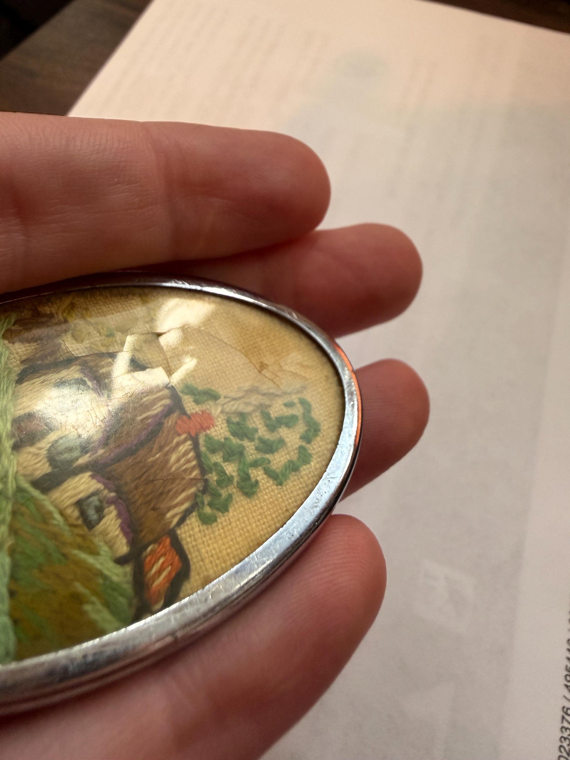 Vintage Hand Embroidered Cottage Brooch, Oval Textile Landscape Picture Pin, 1940s 1950s Needlework Jewellery