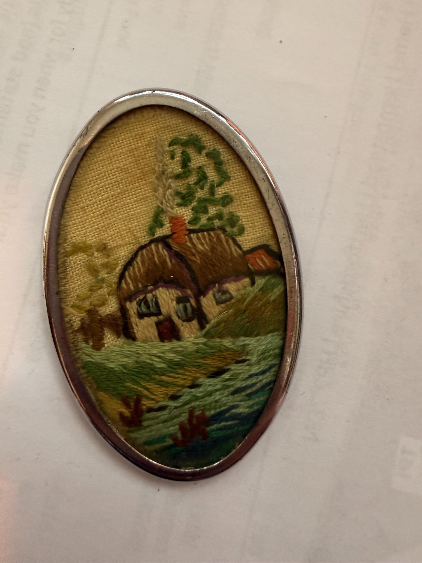 Vintage Hand Embroidered Cottage Brooch, Oval Textile Landscape Picture Pin, 1940s 1950s Needlework Jewellery