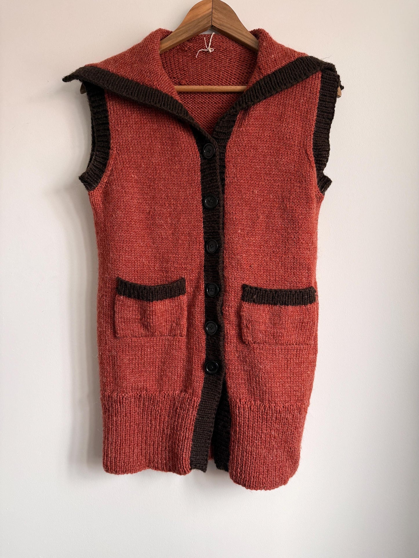 Vintage Hand Knitted Wool Blend Longline Waistcoat | 1920s Style Rust & Brown Sleeveless Cardigan | Folk Cottagecore Knit | UK 10-14