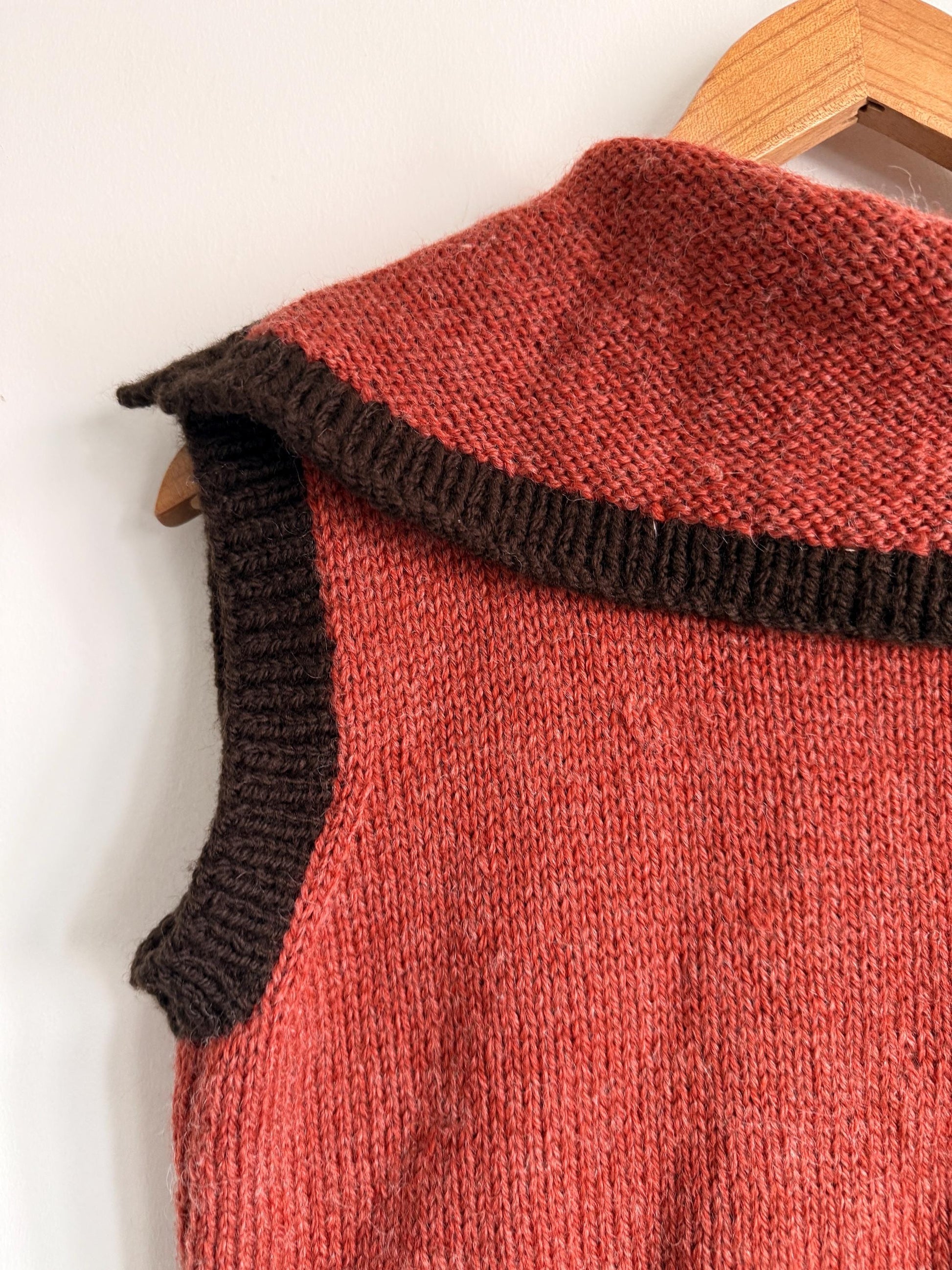 Vintage Hand Knitted Wool Blend Longline Waistcoat | 1920s Style Rust & Brown Sleeveless Cardigan | Folk Cottagecore Knit | UK 10-14