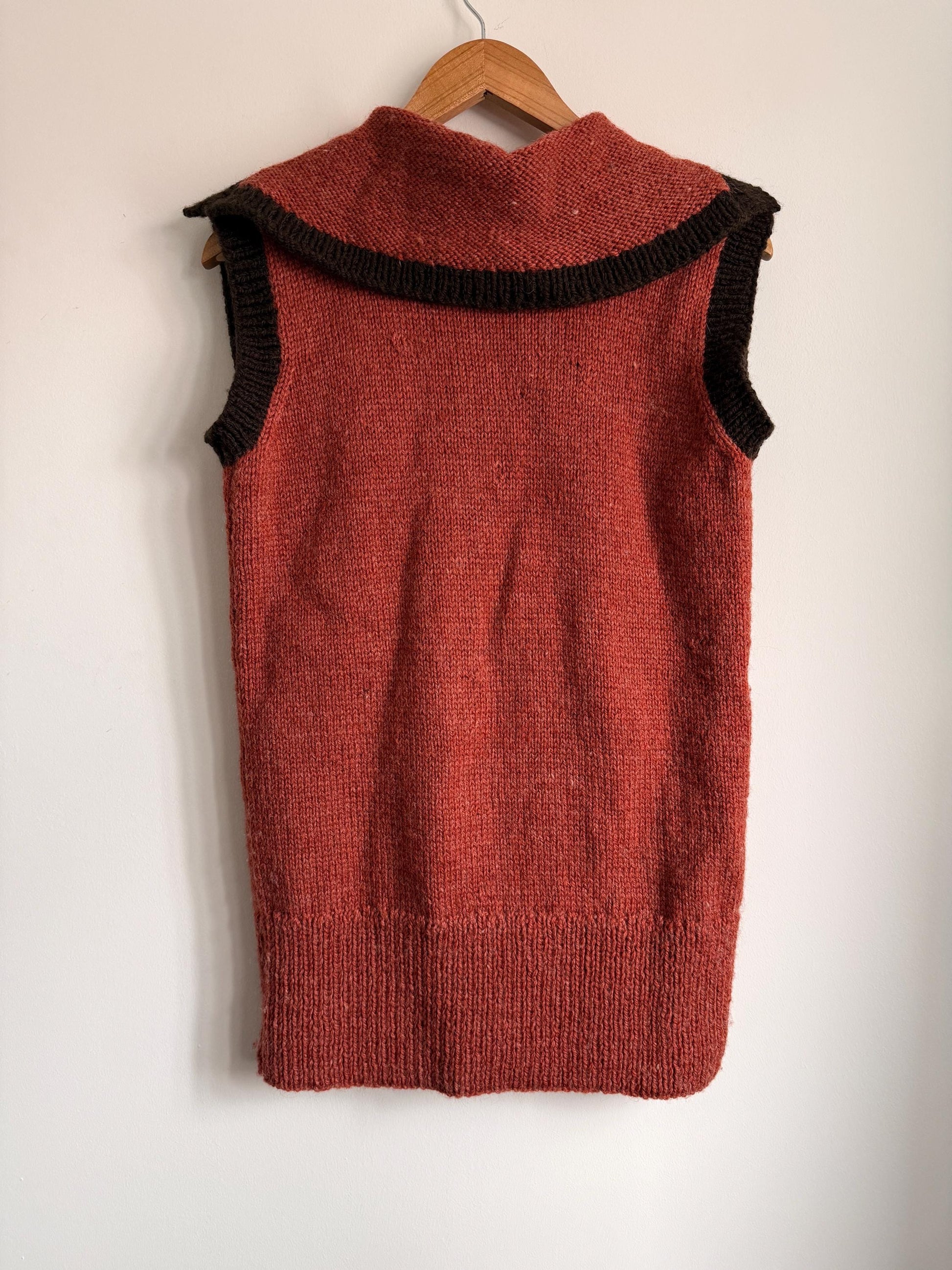 Vintage Hand Knitted Wool Blend Longline Waistcoat | 1920s Style Rust & Brown Sleeveless Cardigan | Folk Cottagecore Knit | UK 10-14