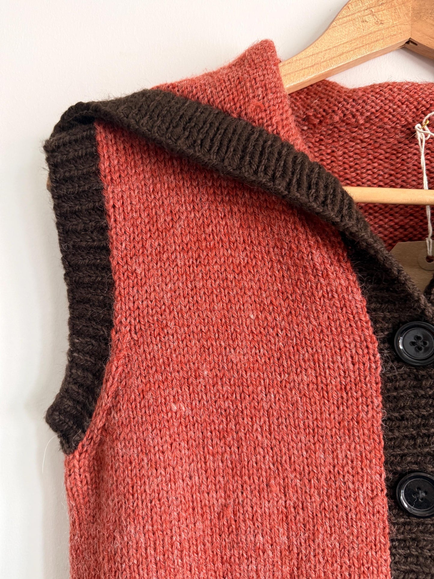 Vintage Hand Knitted Wool Blend Longline Waistcoat | 1920s Style Rust & Brown Sleeveless Cardigan | Folk Cottagecore Knit | UK 10-14