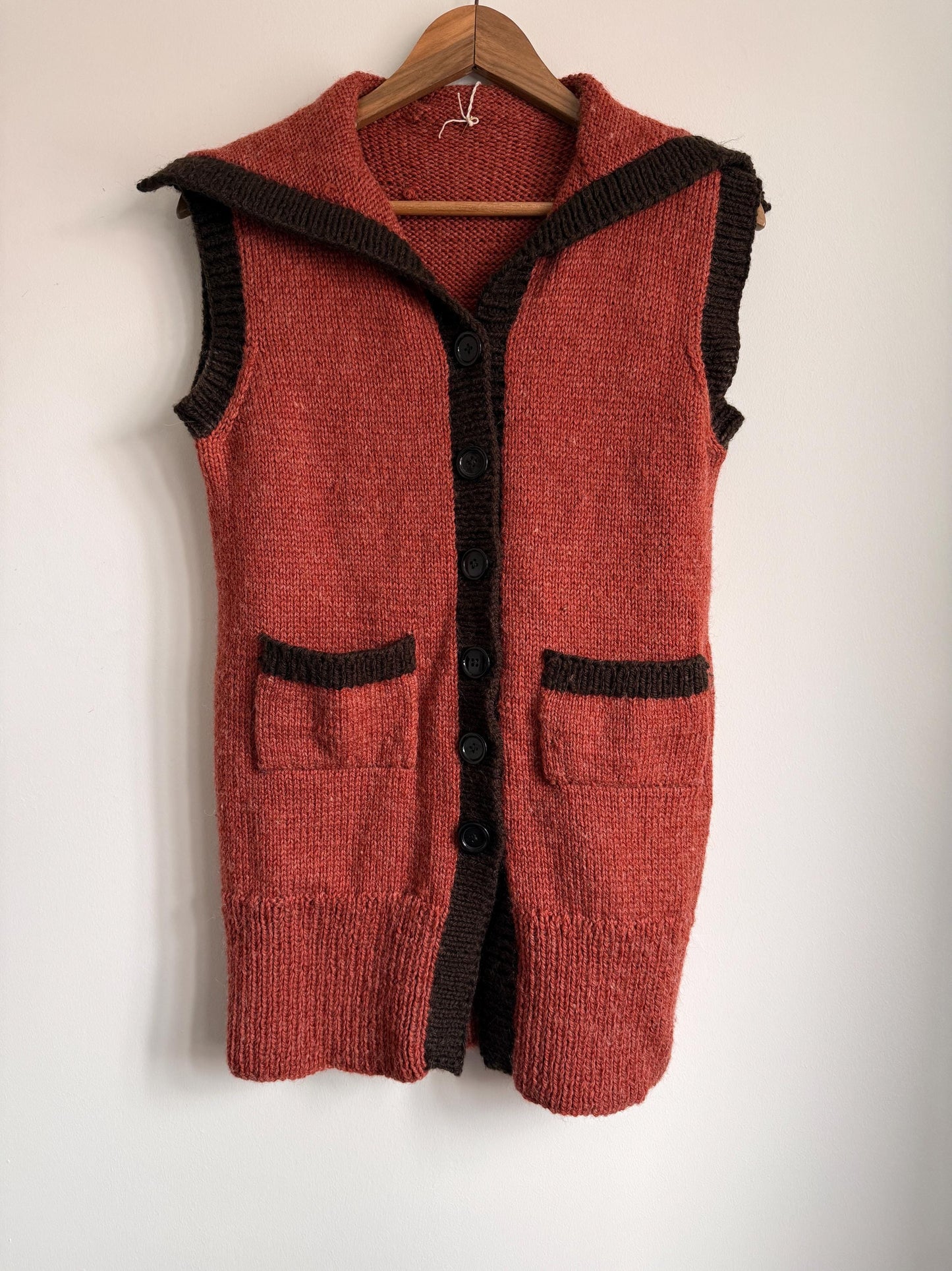 Vintage Hand Knitted Wool Blend Longline Waistcoat | 1920s Style Rust & Brown Sleeveless Cardigan | Folk Cottagecore Knit | UK 10-14
