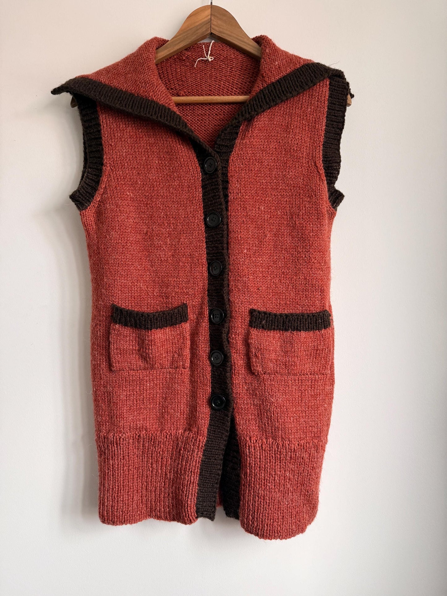 Vintage Hand Knitted Wool Blend Longline Waistcoat | 1920s Style Rust & Brown Sleeveless Cardigan | Folk Cottagecore Knit | UK 10-14