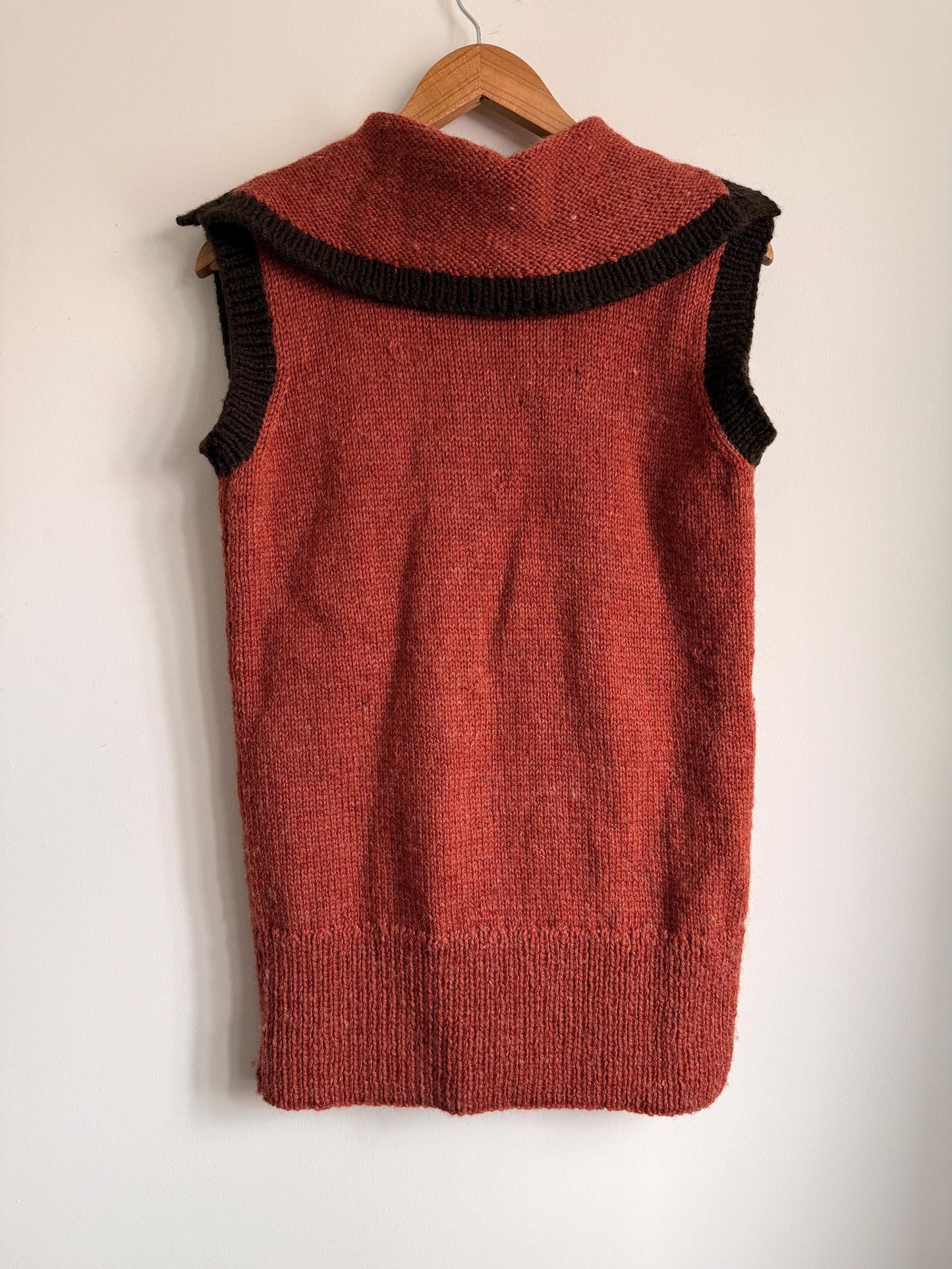 Vintage Hand Knitted Wool Blend Longline Waistcoat | 1920s Style Rust & Brown Sleeveless Cardigan | Folk Cottagecore Knit | UK 10-14