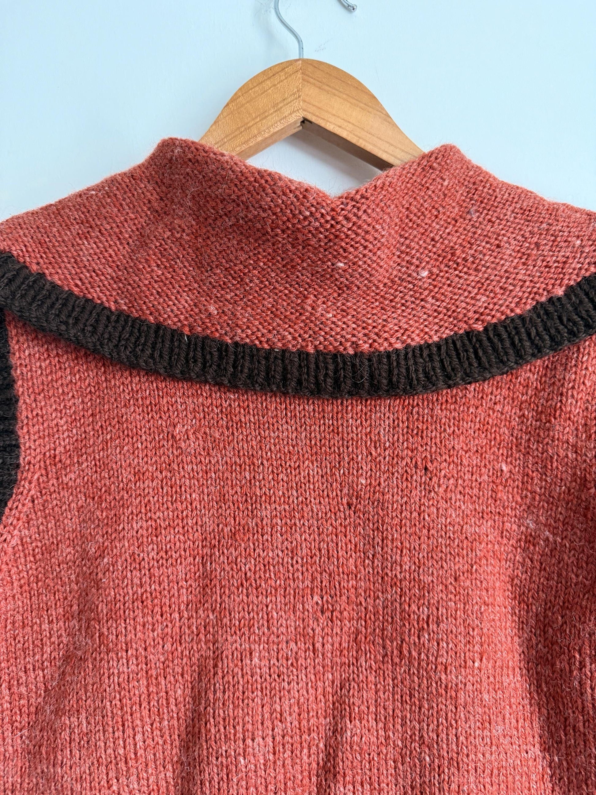 Vintage Hand Knitted Wool Blend Longline Waistcoat | 1920s Style Rust & Brown Sleeveless Cardigan | Folk Cottagecore Knit | UK 10-14