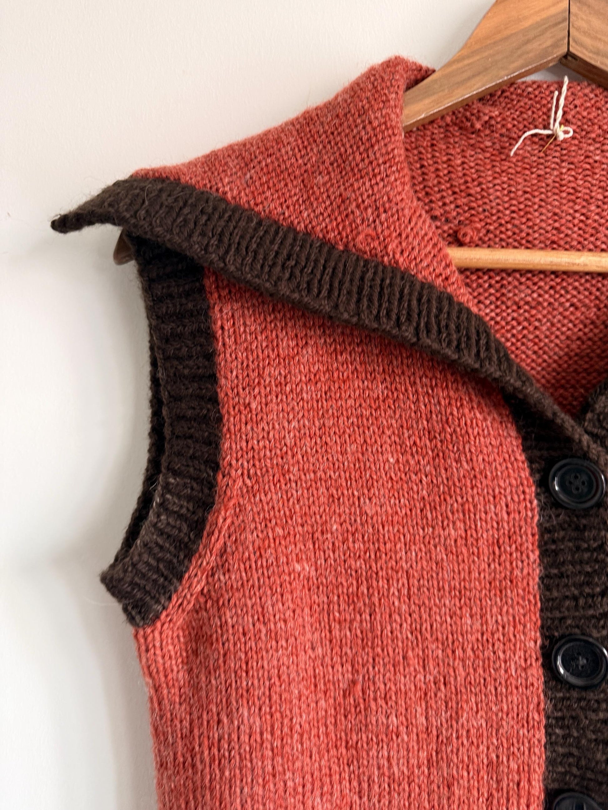 Vintage Hand Knitted Wool Blend Longline Waistcoat | 1920s Style Rust & Brown Sleeveless Cardigan | Folk Cottagecore Knit | UK 10-14