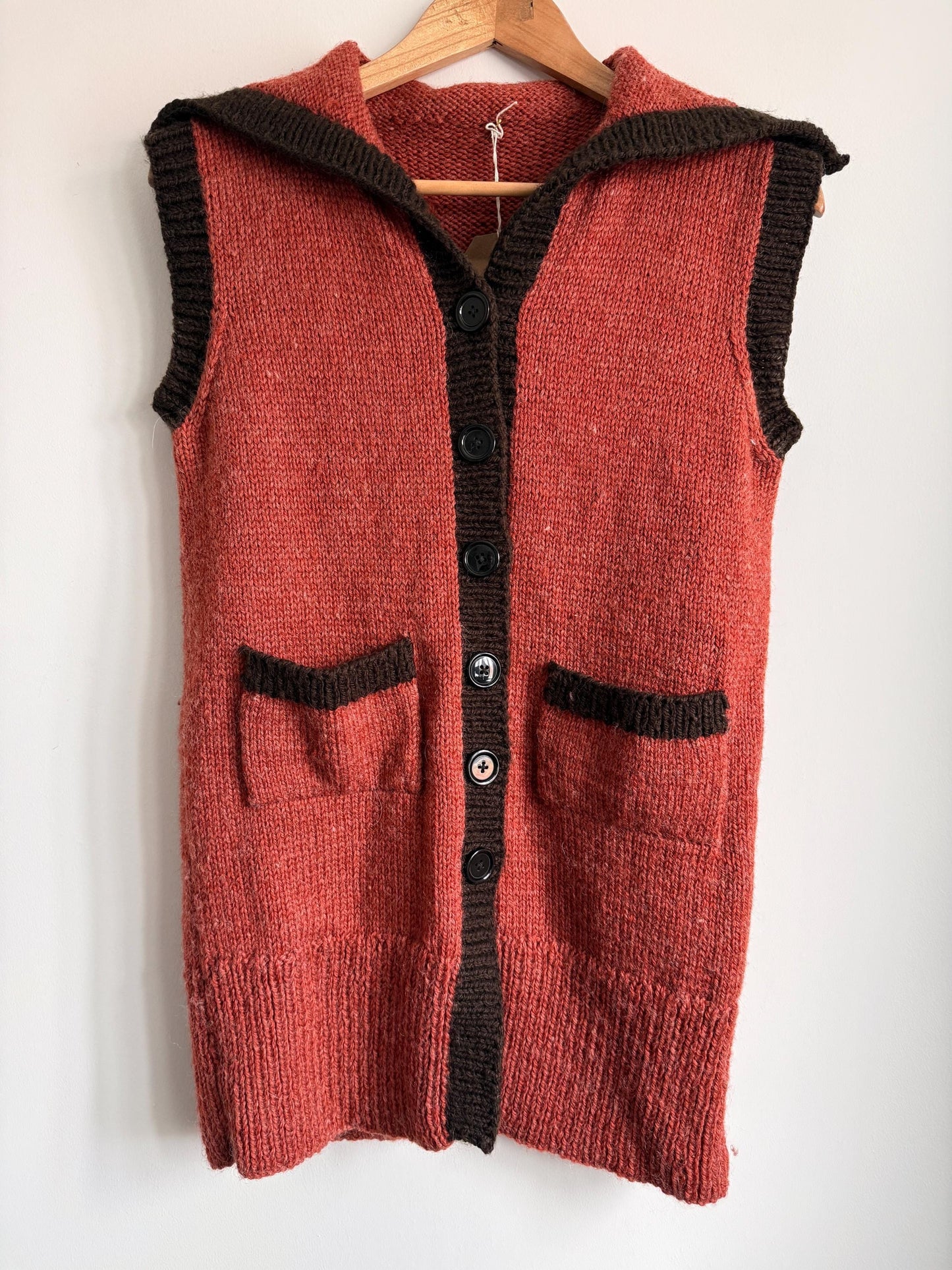 Vintage Hand Knitted Wool Blend Longline Waistcoat | 1920s Style Rust & Brown Sleeveless Cardigan | Folk Cottagecore Knit | UK 10-14