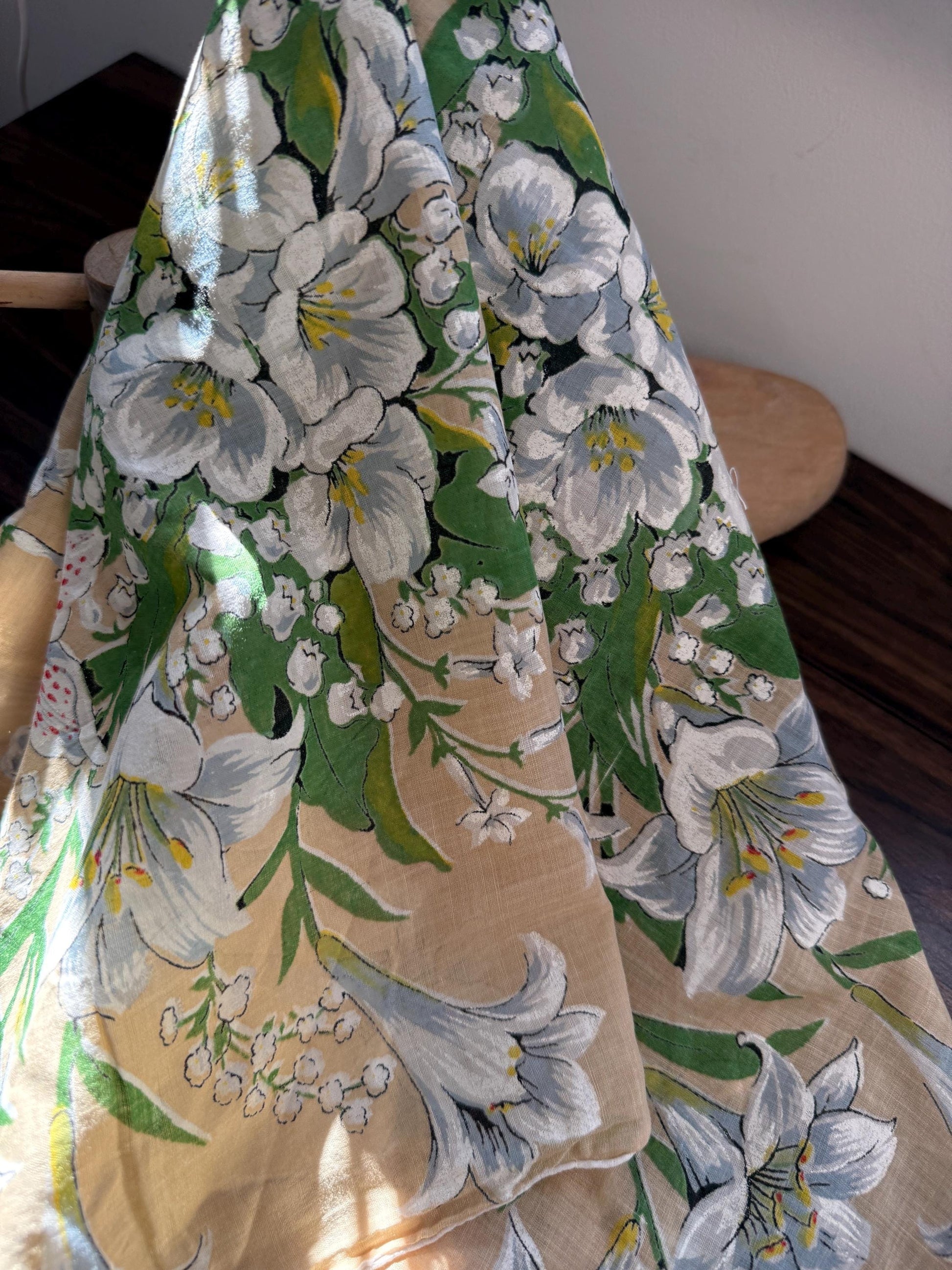 Vintage Hand-Painted Floral Head Scarf – 1950s Linen Blend Square Scarf – Lily & Lily of the Valley Design – Cottagecore