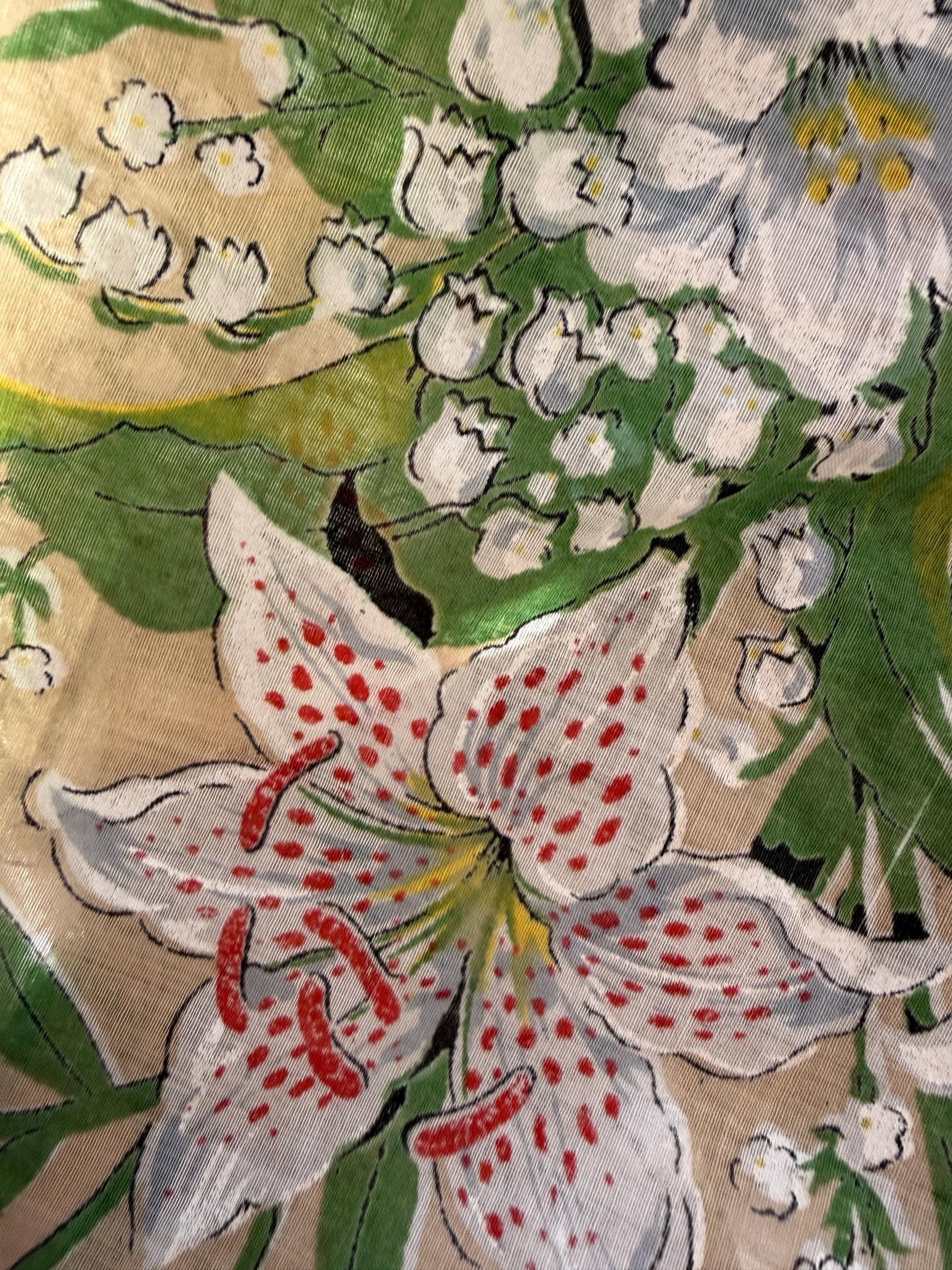 Vintage Hand-Painted Floral Head Scarf – 1950s Linen Blend Square Scarf – Lily & Lily of the Valley Design – Cottagecore