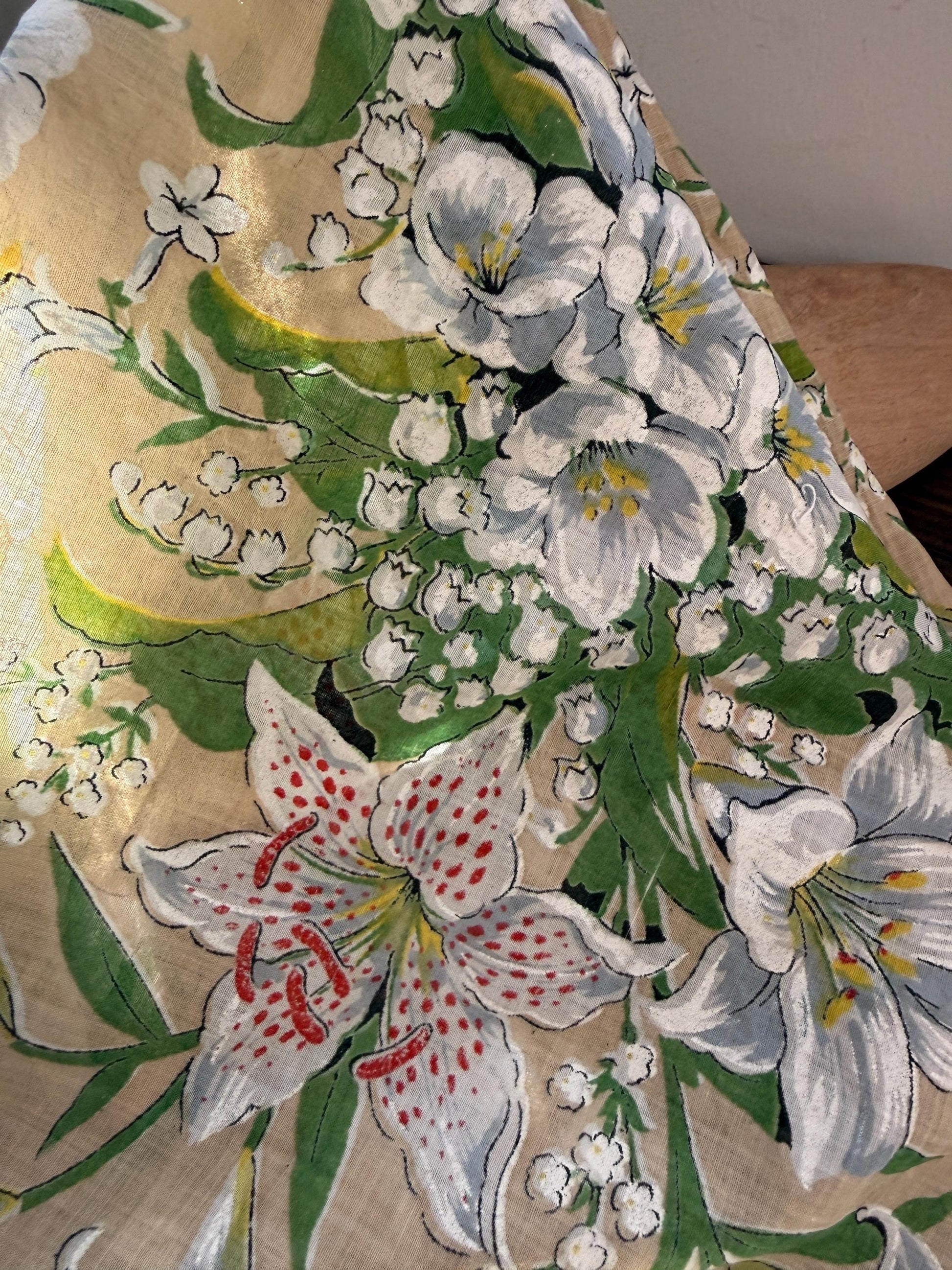 Vintage Hand-Painted Floral Head Scarf – 1950s Linen Blend Square Scarf – Lily & Lily of the Valley Design – Cottagecore