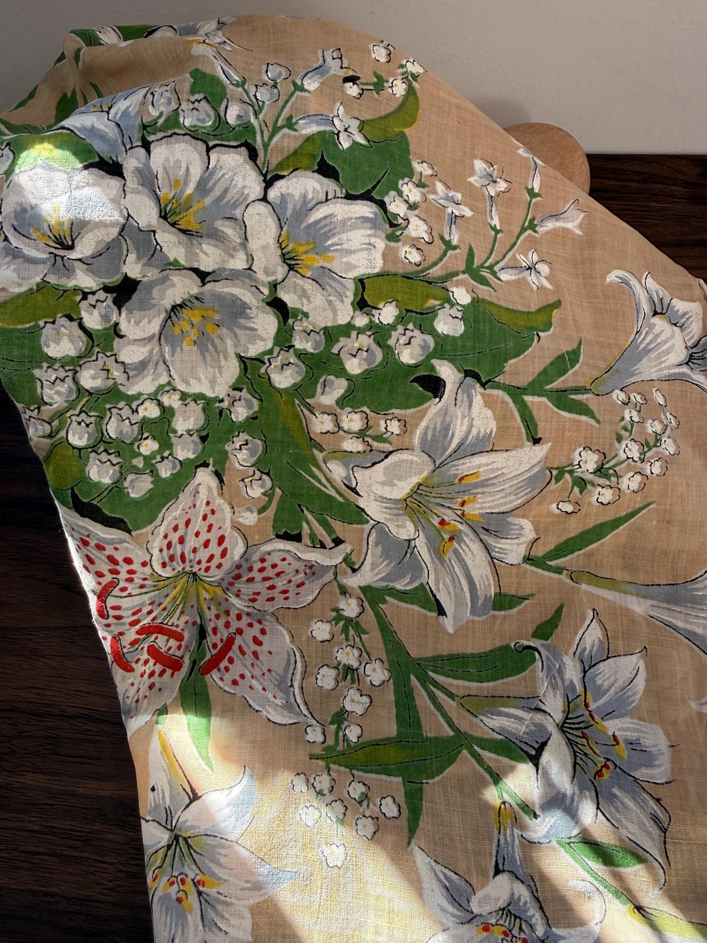 Vintage Hand-Painted Floral Head Scarf – 1950s Linen Blend Square Scarf – Lily & Lily of the Valley Design – Cottagecore
