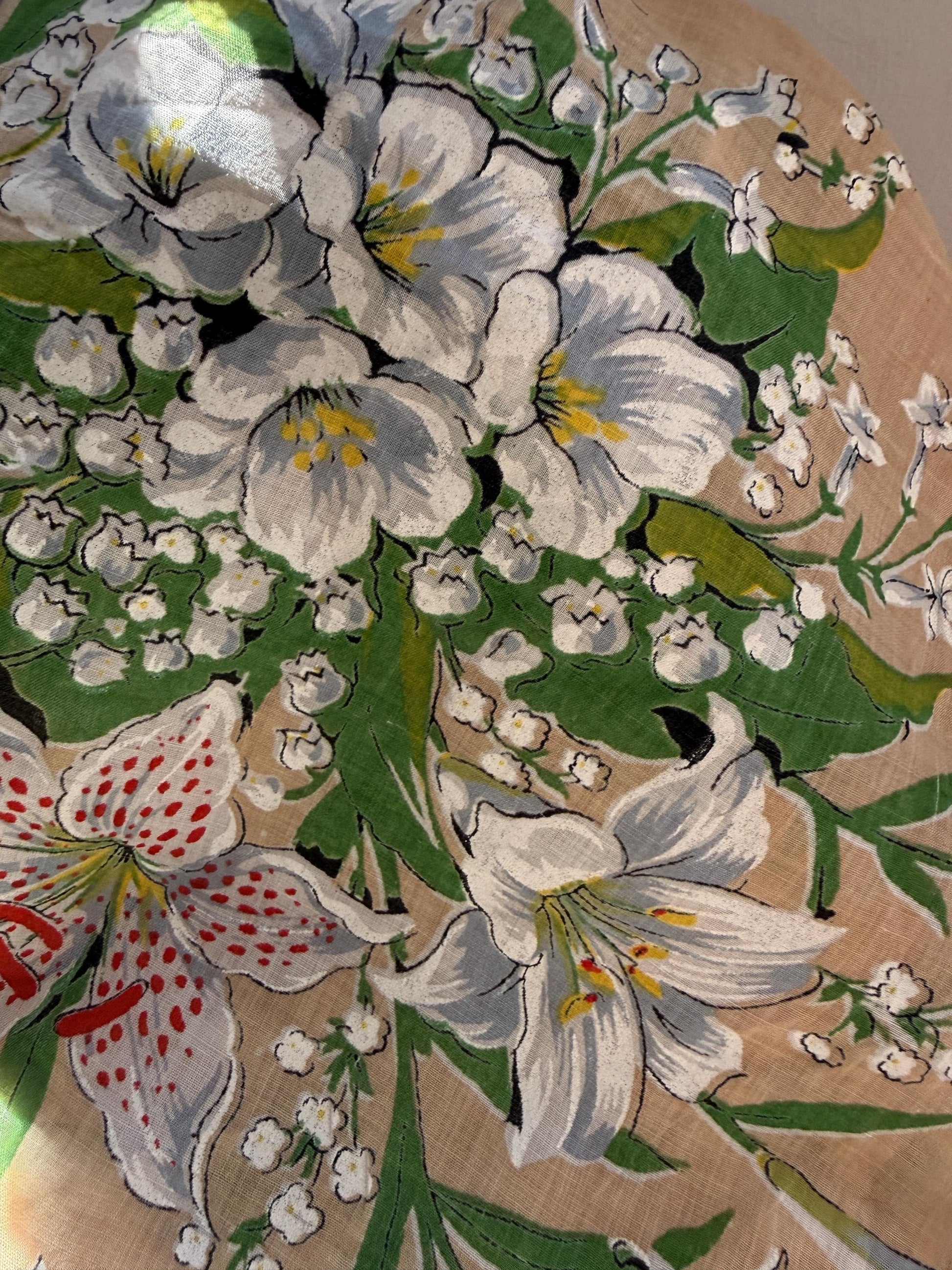 Vintage Hand-Painted Floral Head Scarf – 1950s Linen Blend Square Scarf – Lily & Lily of the Valley Design – Cottagecore