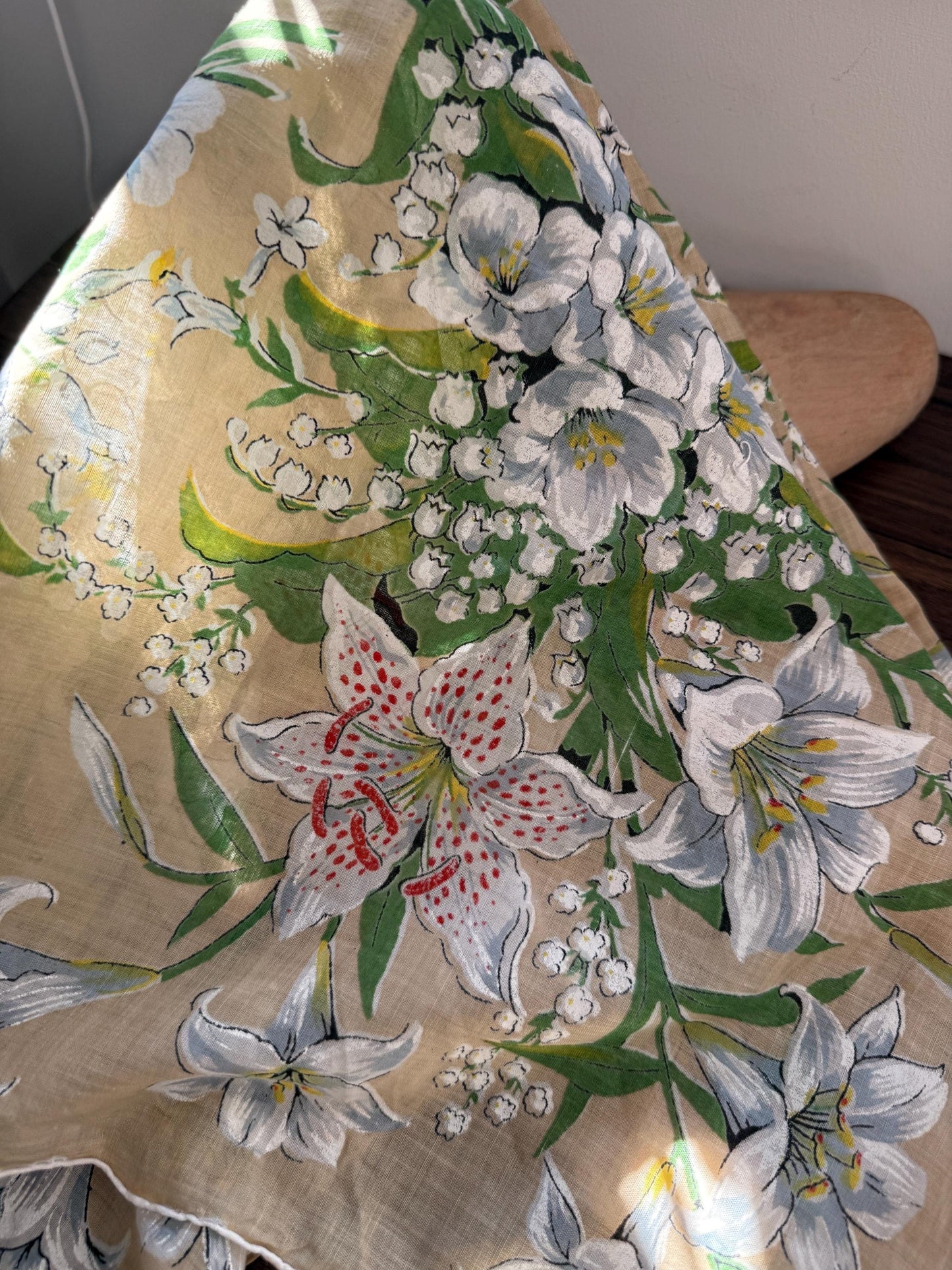 Vintage Hand-Painted Floral Head Scarf – 1950s Linen Blend Square Scarf – Lily & Lily of the Valley Design – Cottagecore