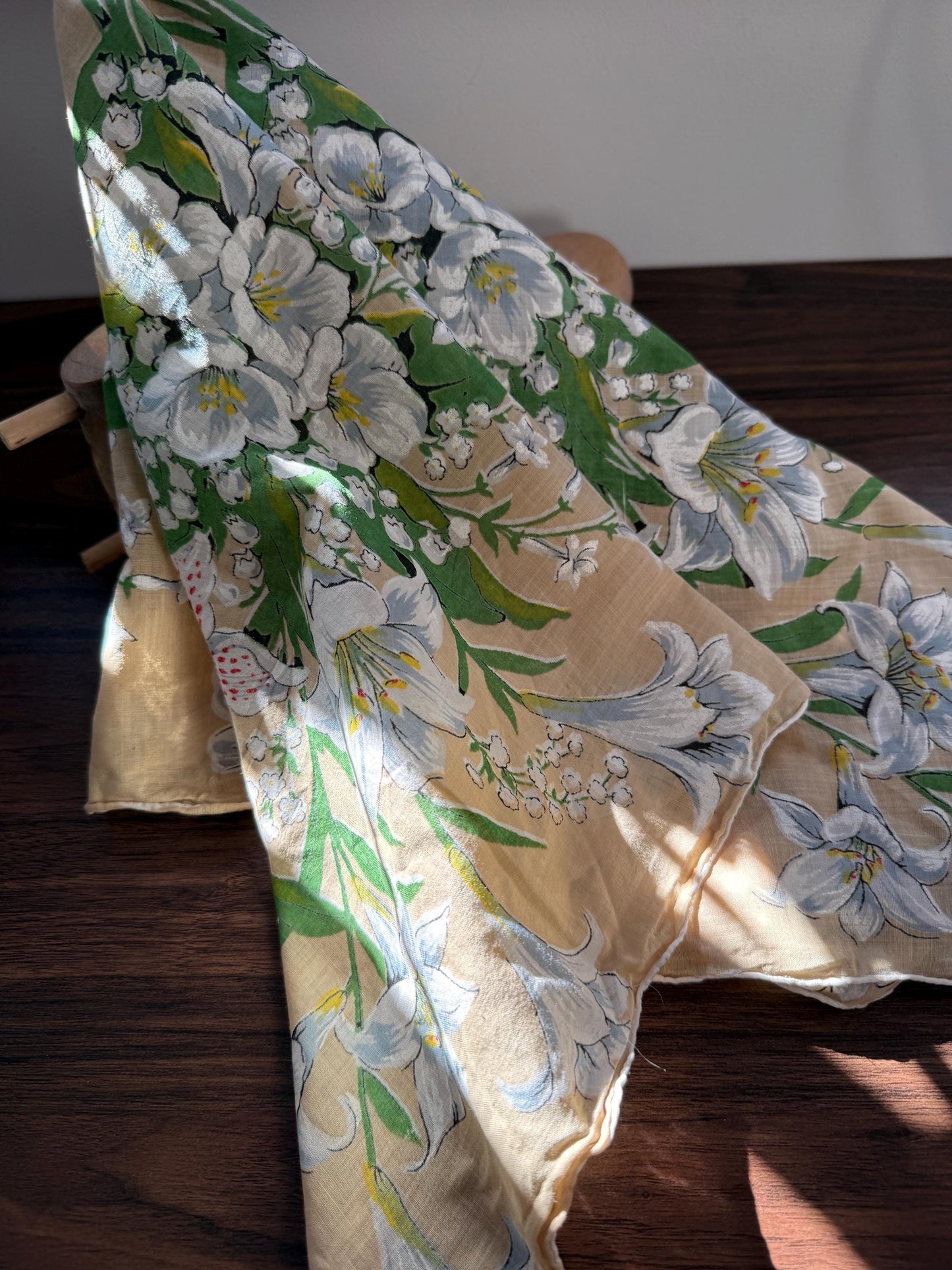 Vintage Hand-Painted Floral Head Scarf – 1950s Linen Blend Square Scarf – Lily & Lily of the Valley Design – Cottagecore