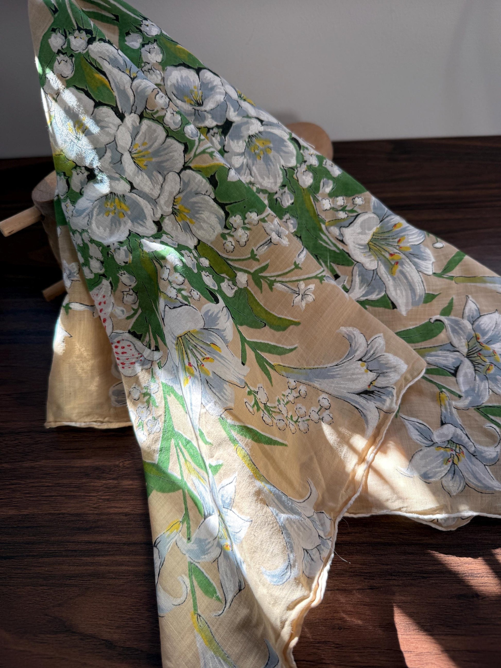 Vintage Hand-Painted Floral Head Scarf – 1950s Linen Blend Square Scarf – Lily & Lily of the Valley Design – Cottagecore