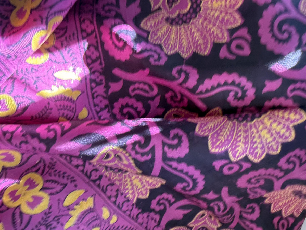 Vintage Hand-Painted Silk Scarf – Purple & Gold Floral Square Scarf – Art Deco Inspired Botanical Design – 1950s