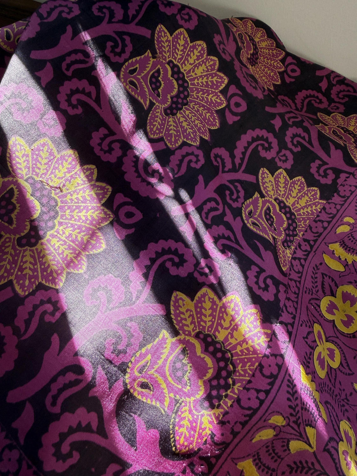 Vintage Hand-Painted Silk Scarf – Purple & Gold Floral Square Scarf – Art Deco Inspired Botanical Design – 1950s