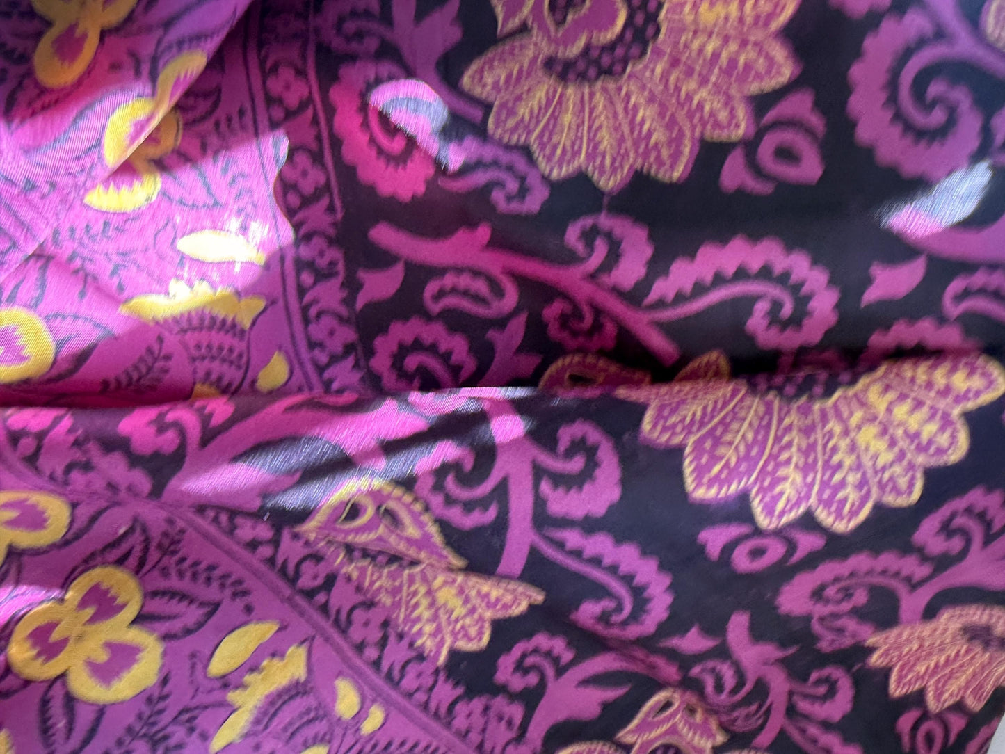 Vintage Hand-Painted Silk Scarf – Purple & Gold Floral Square Scarf – Art Deco Inspired Botanical Design – 1950s