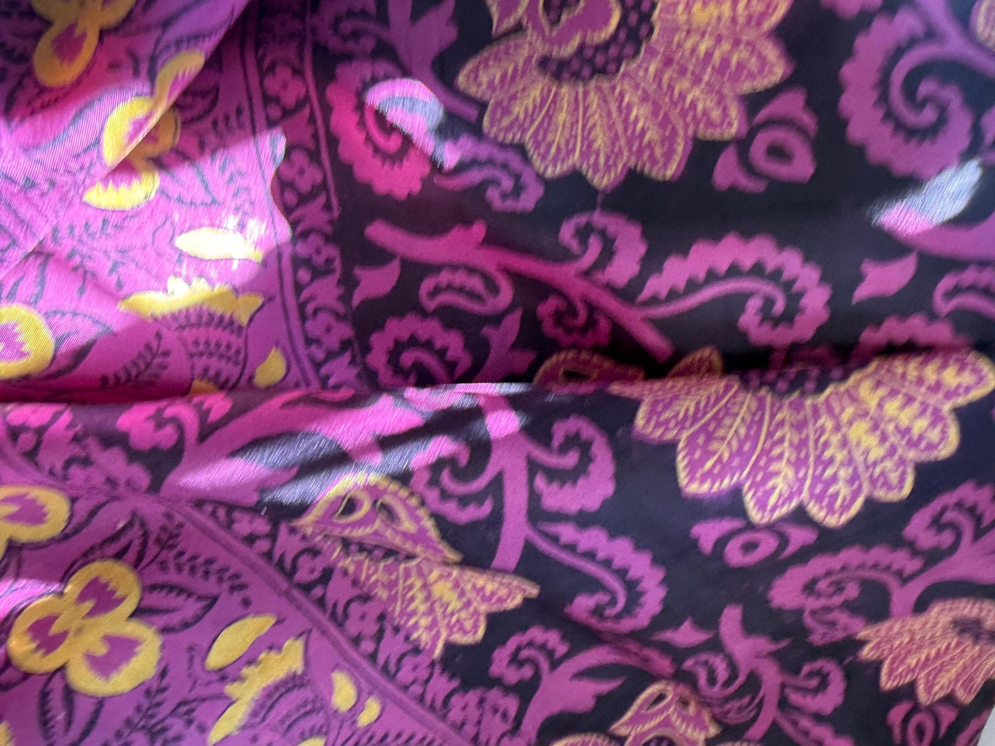 Vintage Hand-Painted Silk Scarf – Purple & Gold Floral Square Scarf – Art Deco Inspired Botanical Design – 1950s