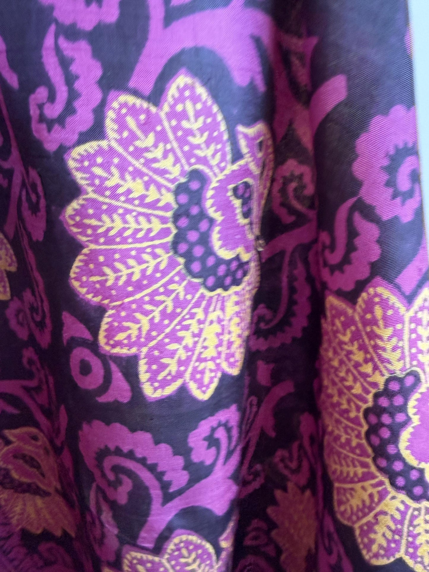Vintage Hand-Painted Silk Scarf – Purple & Gold Floral Square Scarf – Art Deco Inspired Botanical Design – 1950s