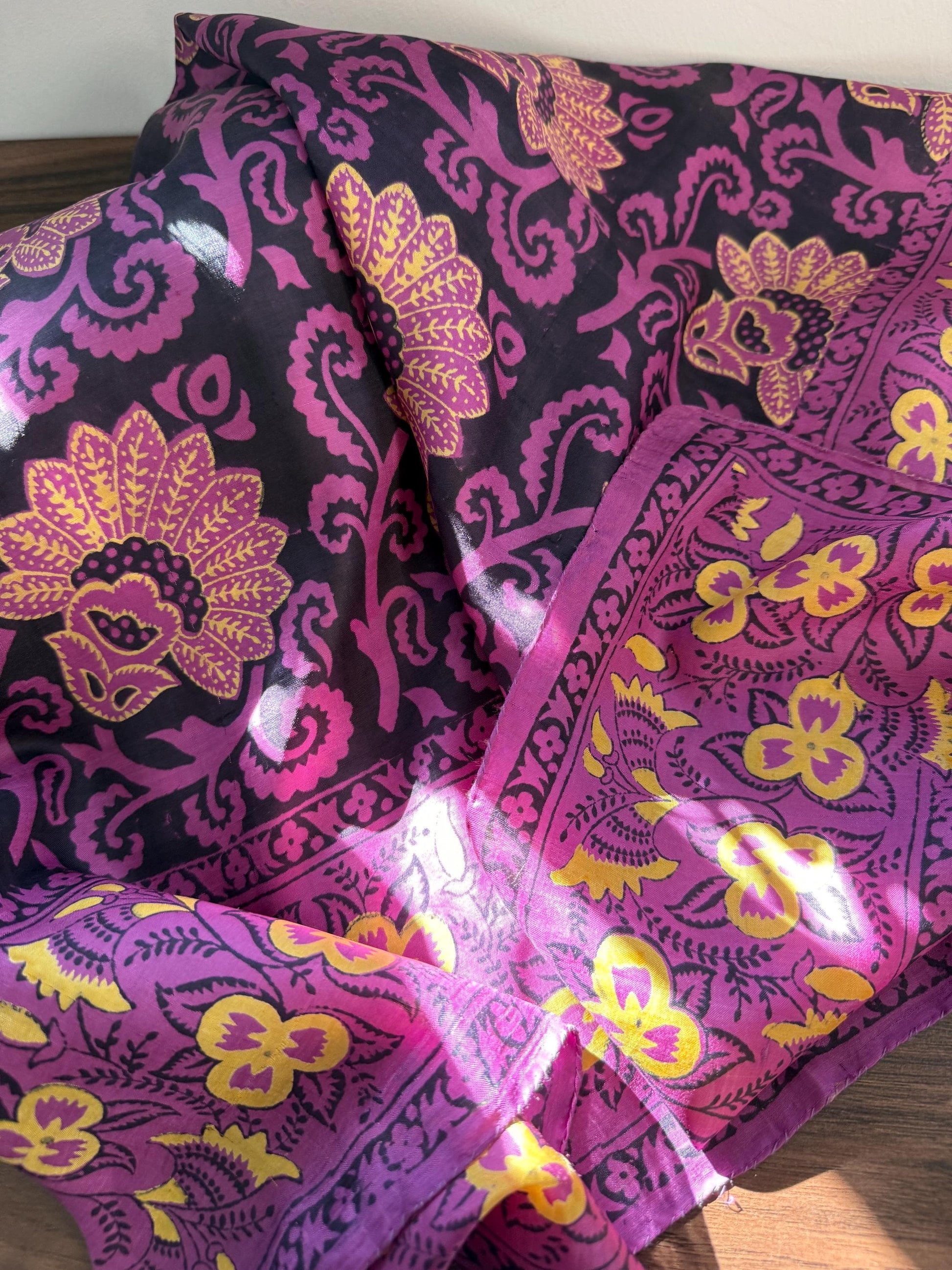 Vintage Hand-Painted Silk Scarf – Purple & Gold Floral Square Scarf – Art Deco Inspired Botanical Design – 1950s