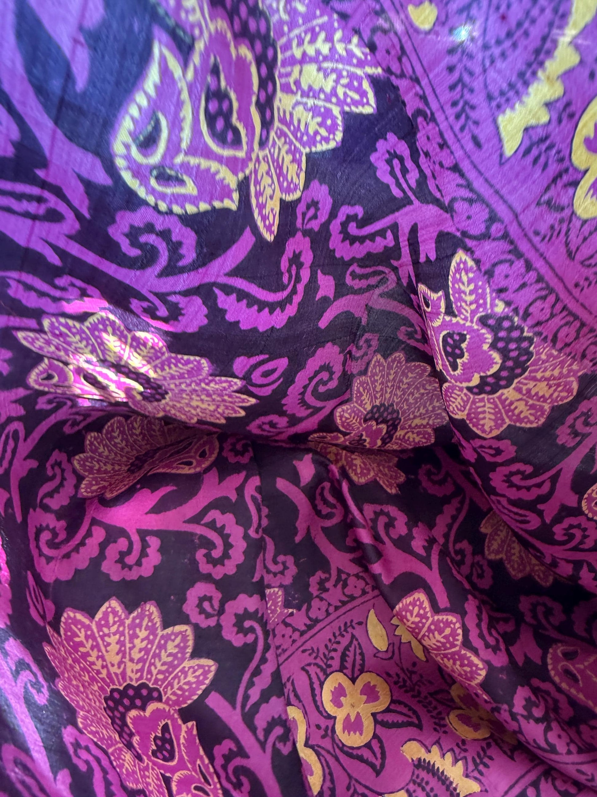 Vintage Hand-Painted Silk Scarf – Purple & Gold Floral Square Scarf – Art Deco Inspired Botanical Design – 1950s