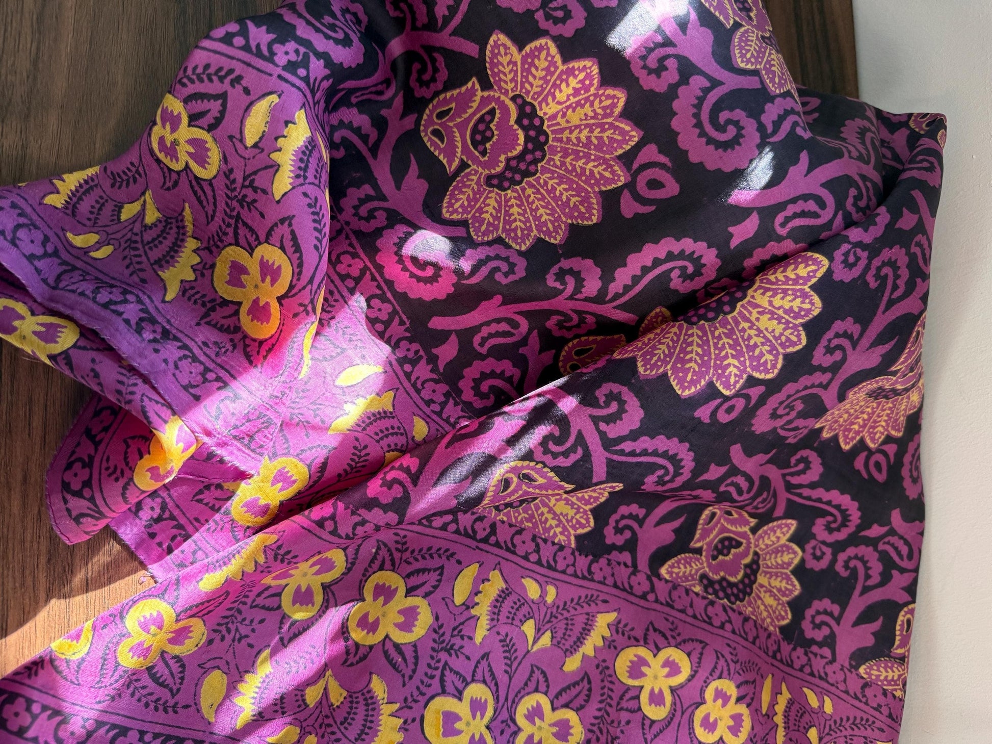Vintage Hand-Painted Silk Scarf – Purple & Gold Floral Square Scarf – Art Deco Inspired Botanical Design – 1950s