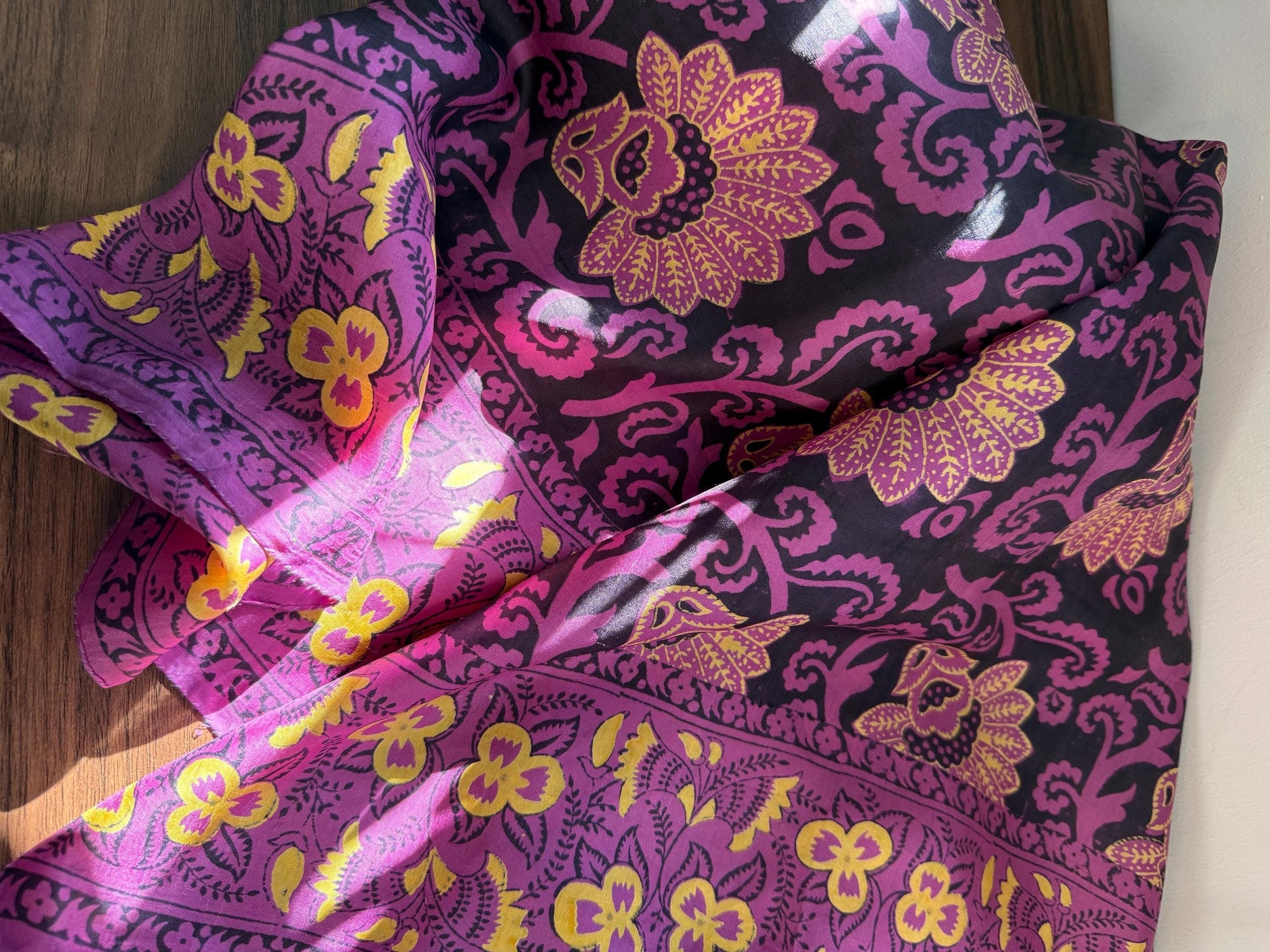 Vintage Hand-Painted Silk Scarf – Purple & Gold Floral Square Scarf – Art Deco Inspired Botanical Design – 1950s