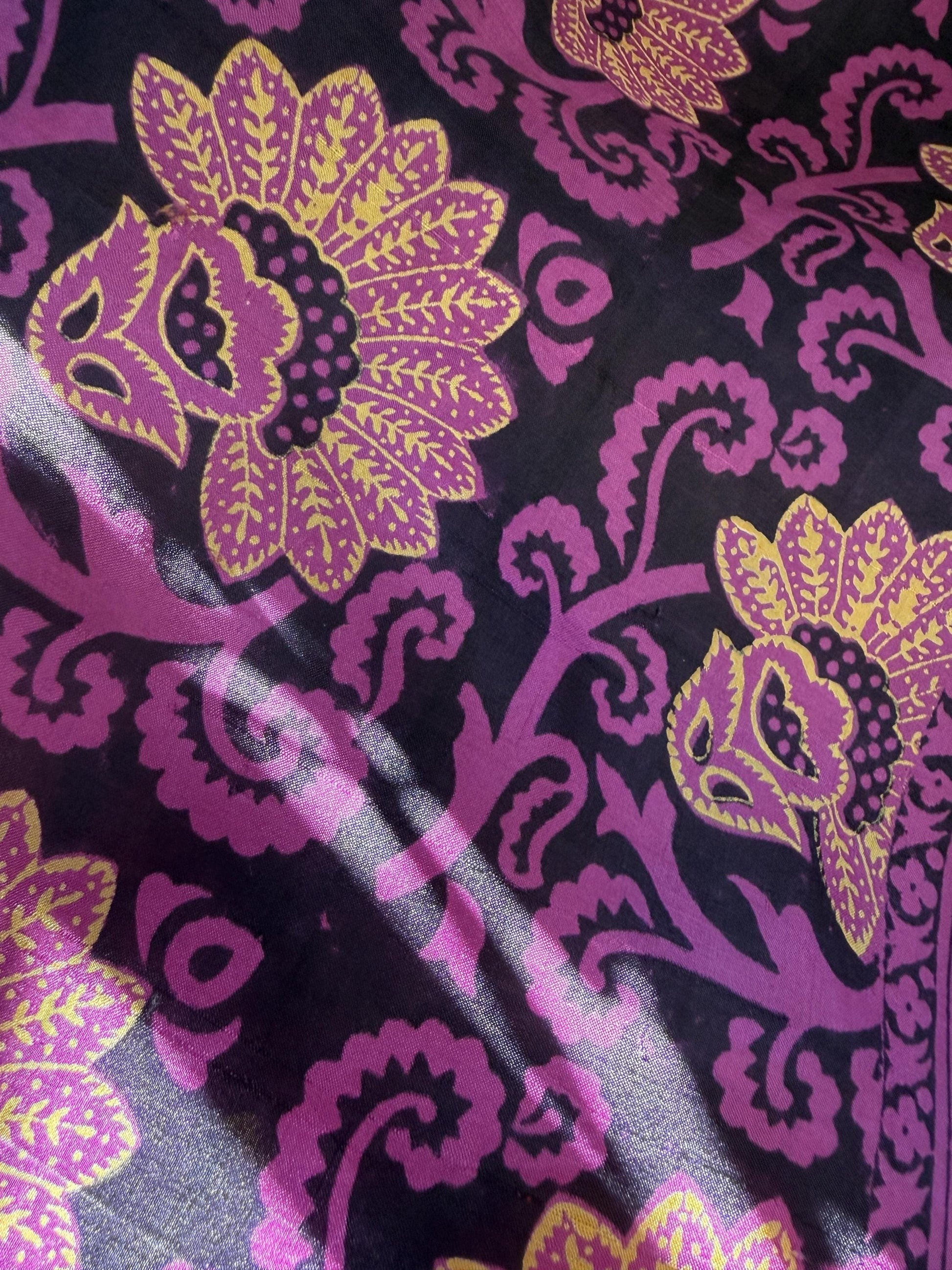 Vintage Hand-Painted Silk Scarf – Purple & Gold Floral Square Scarf – Art Deco Inspired Botanical Design – 1950s