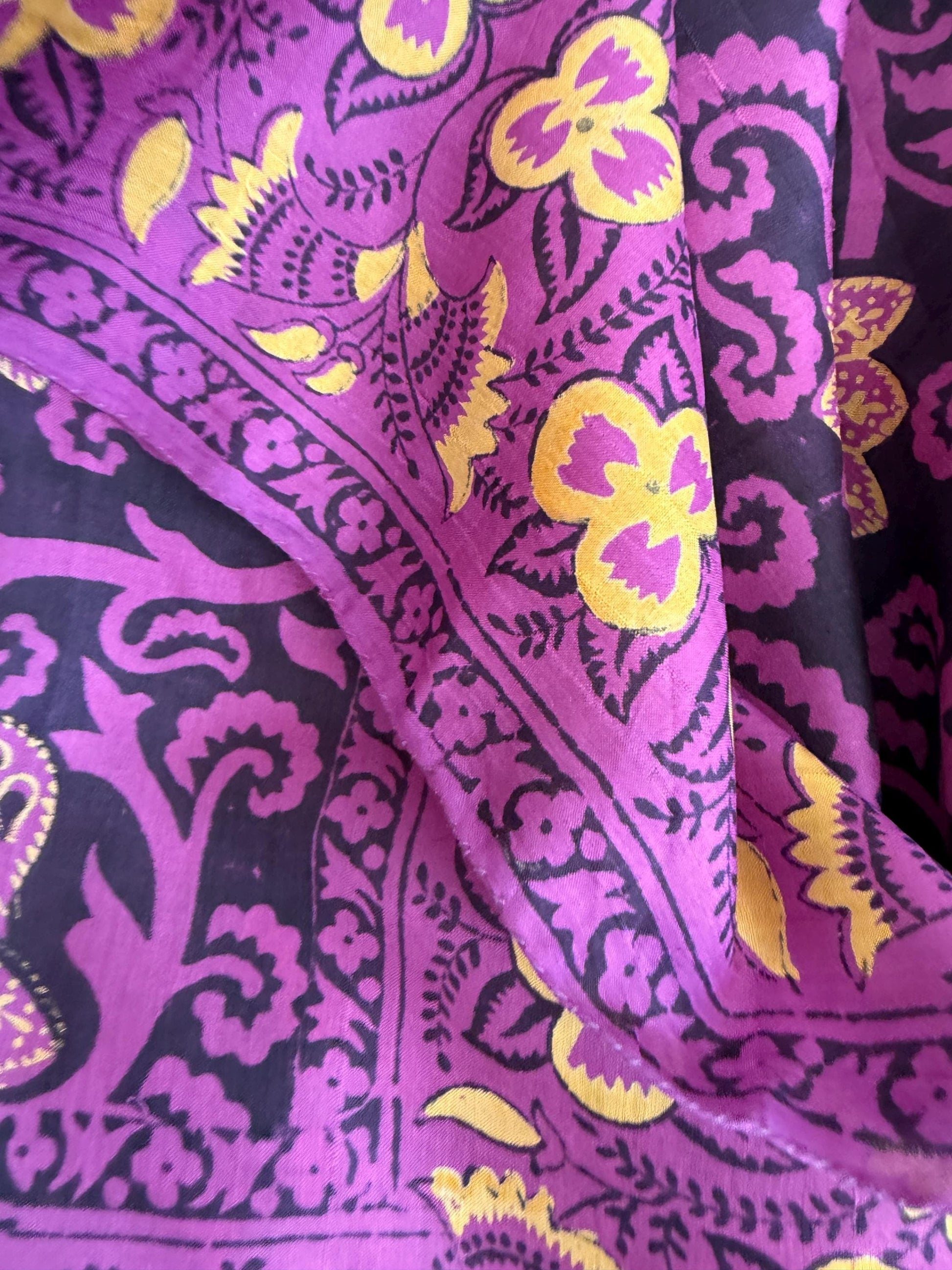Vintage Hand-Painted Silk Scarf – Purple & Gold Floral Square Scarf – Art Deco Inspired Botanical Design – 1950s