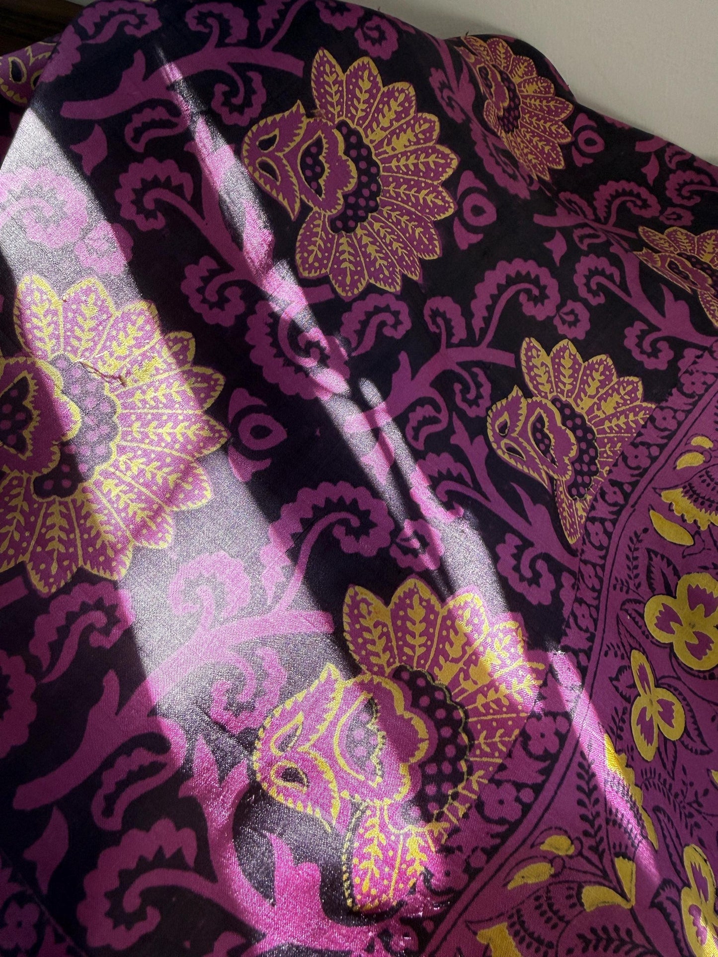 Vintage Hand-Painted Silk Scarf – Purple & Gold Floral Square Scarf – Art Deco Inspired Botanical Design – 1950s
