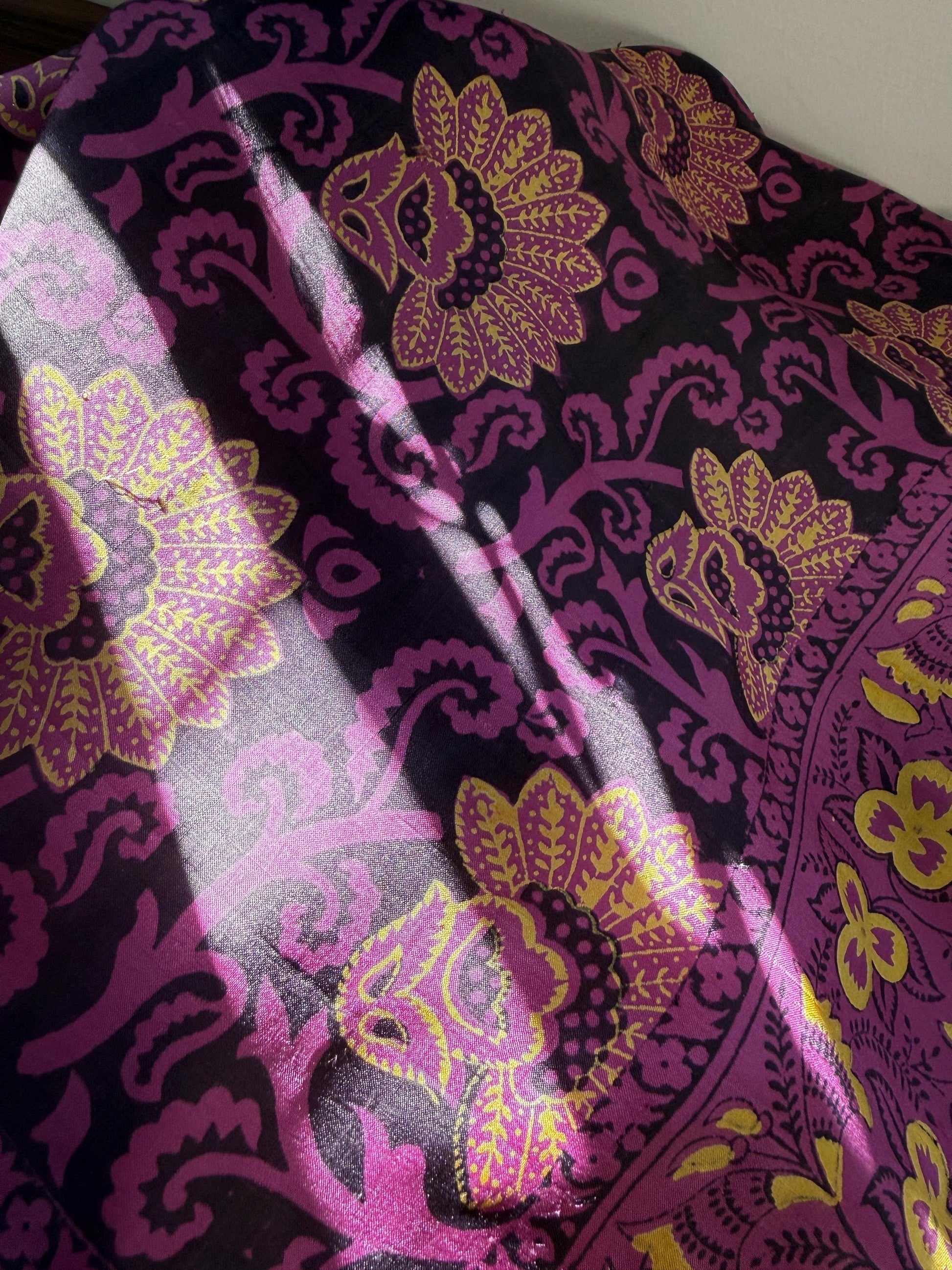 Vintage Hand-Painted Silk Scarf – Purple & Gold Floral Square Scarf – Art Deco Inspired Botanical Design – 1950s