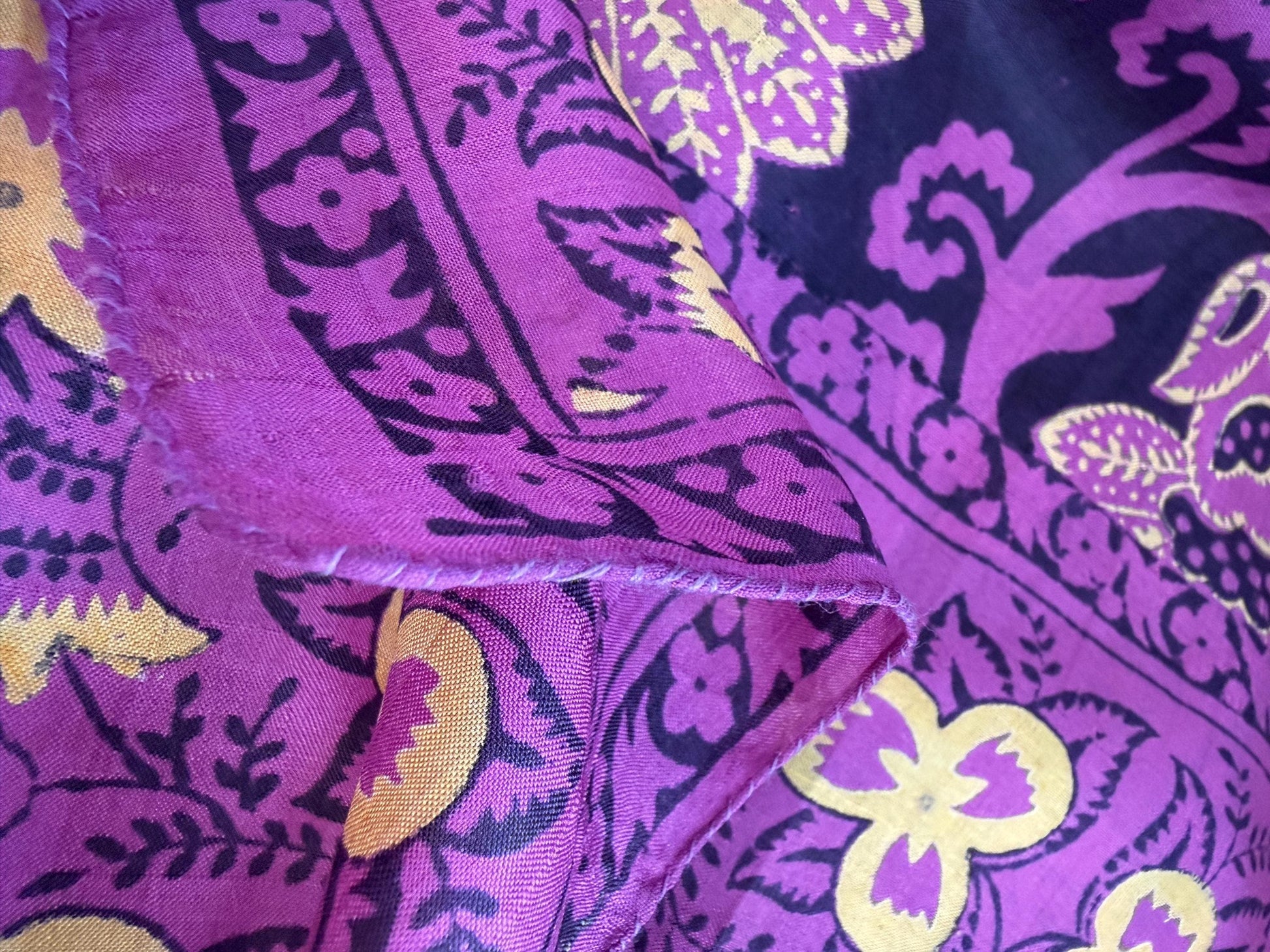 Vintage Hand-Painted Silk Scarf – Purple & Gold Floral Square Scarf – Art Deco Inspired Botanical Design – 1950s