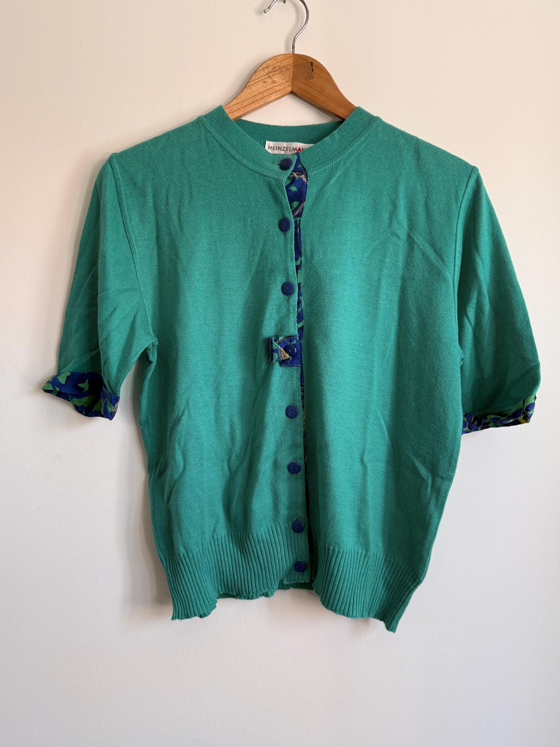 Vintage Heinzelmann Cardigan | Turquoise Knit Cardigan | Colour Pop Vintage Knitwear | Short Sleeve Cardigan | 1980s Sweater