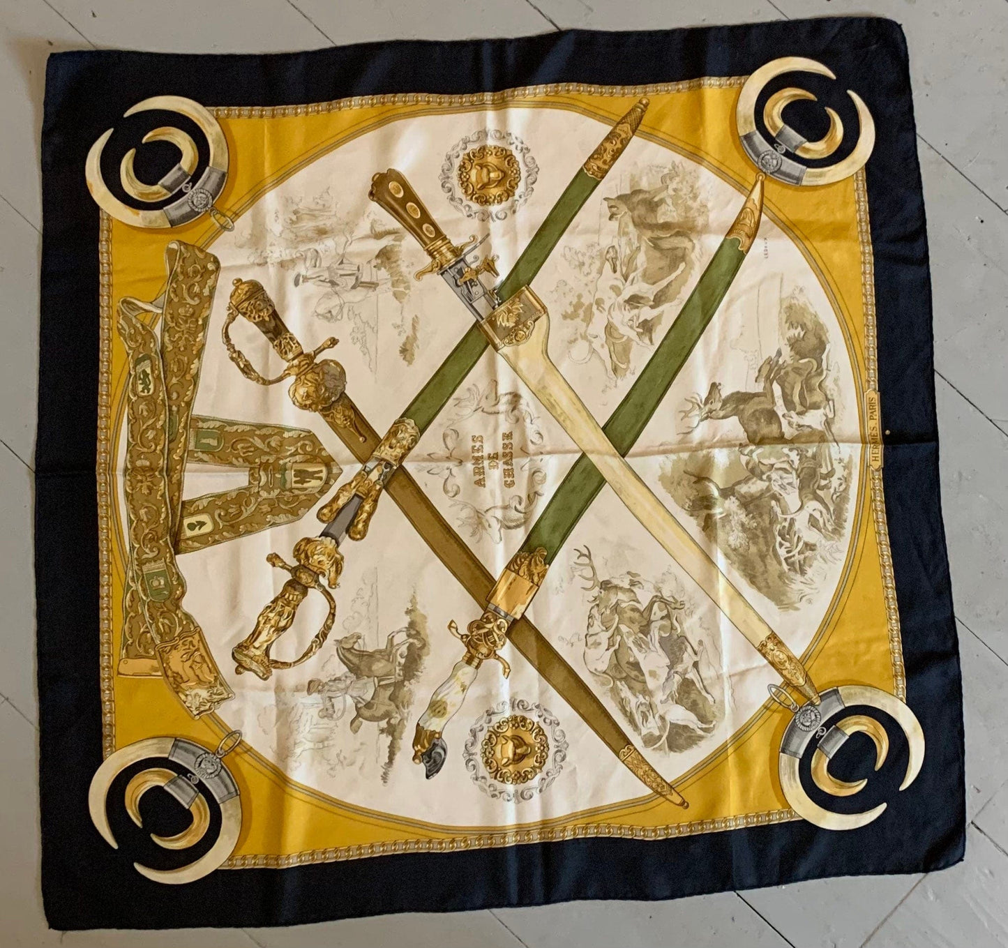 Vintage Hermes Scarf &#39;Armes de Chasse &#39; Phillip Ledoux 1970 Silk Scarf 90cm x 90cm - Navy Gold and Green Colourway