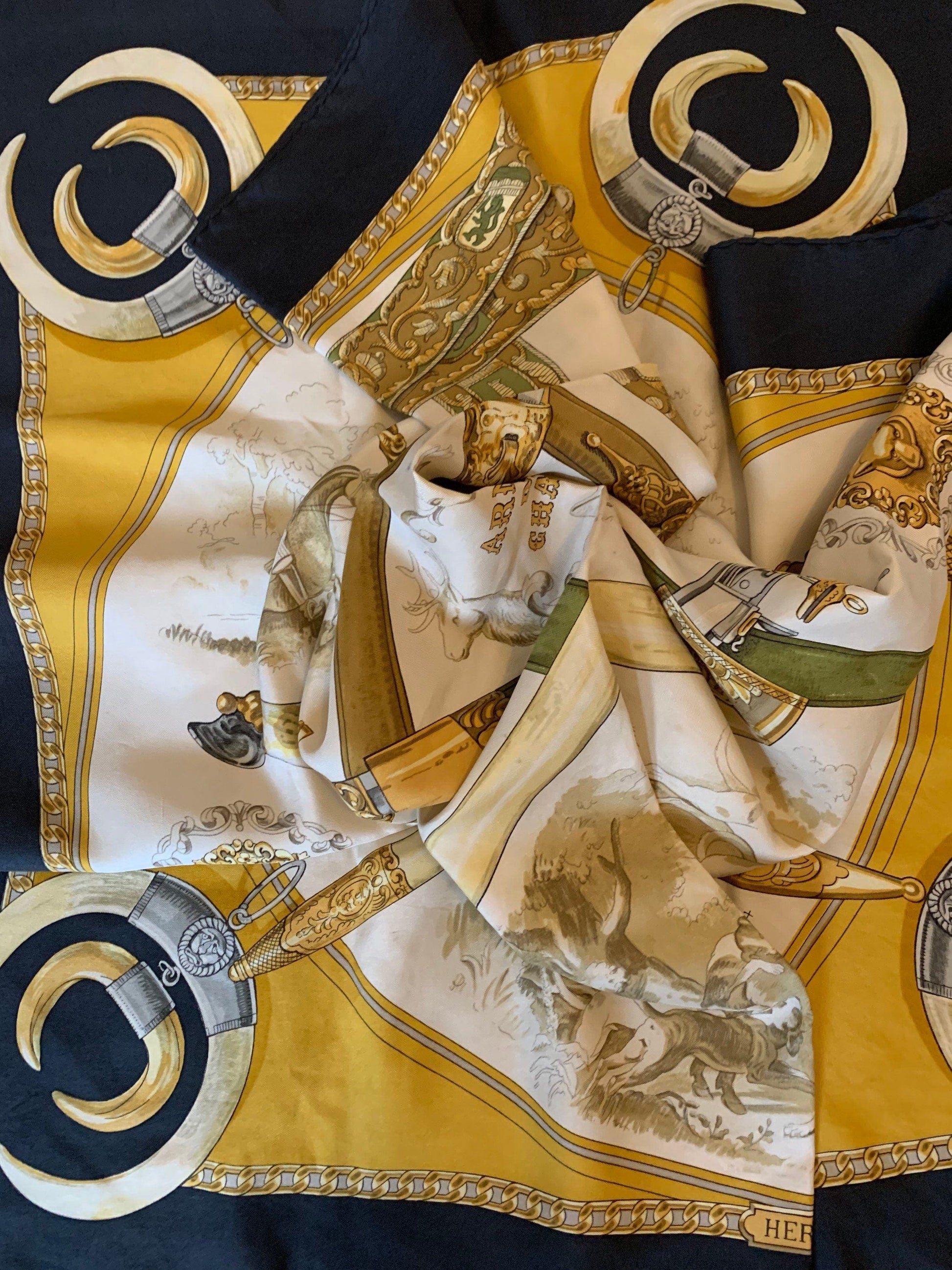Vintage Hermes Scarf &#39;Armes de Chasse &#39; Phillip Ledoux 1970 Silk Scarf 90cm x 90cm - Navy Gold and Green Colourway