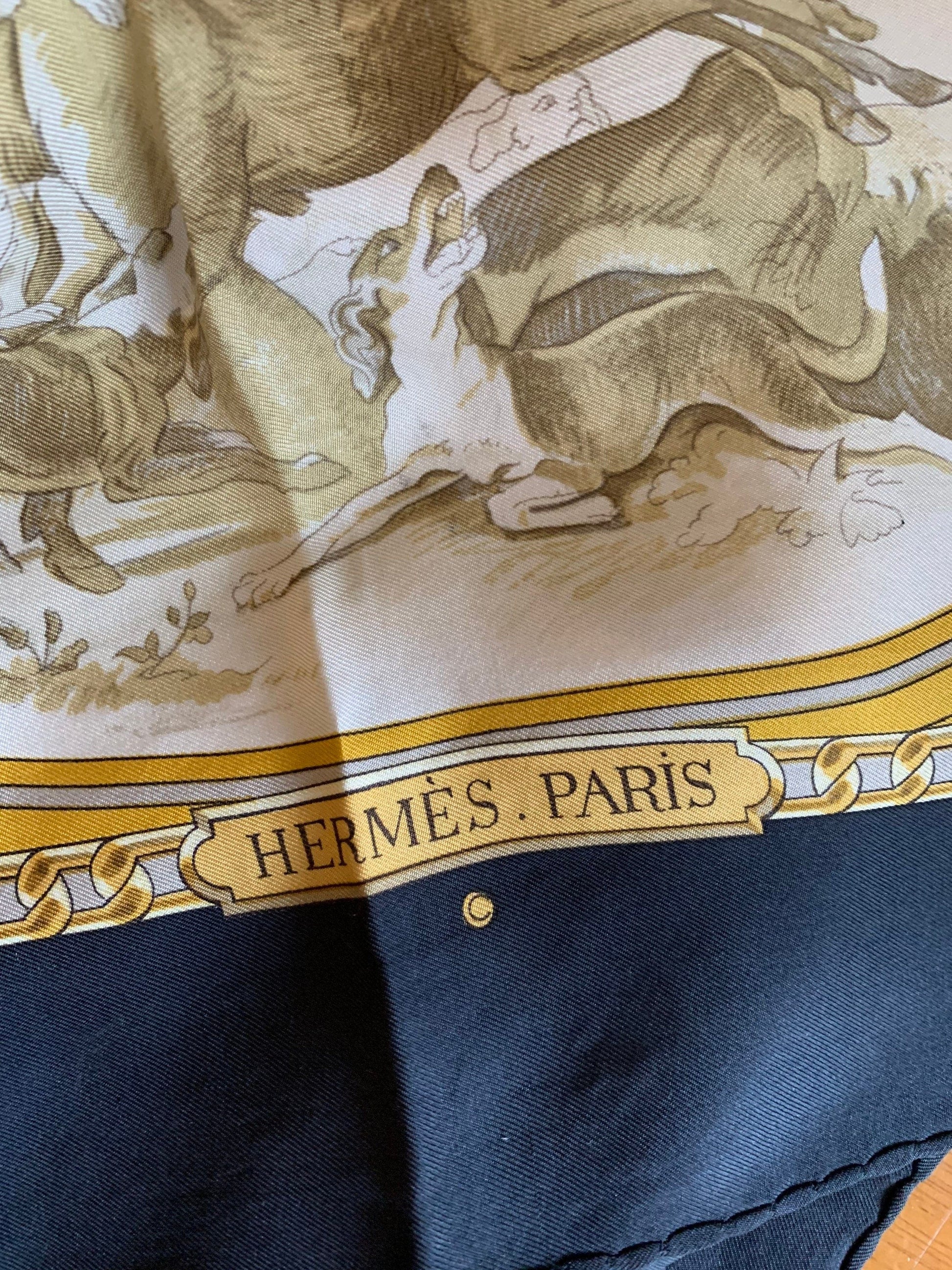 Vintage Hermes Scarf &#39;Armes de Chasse &#39; Phillip Ledoux 1970 Silk Scarf 90cm x 90cm - Navy Gold and Green Colourway
