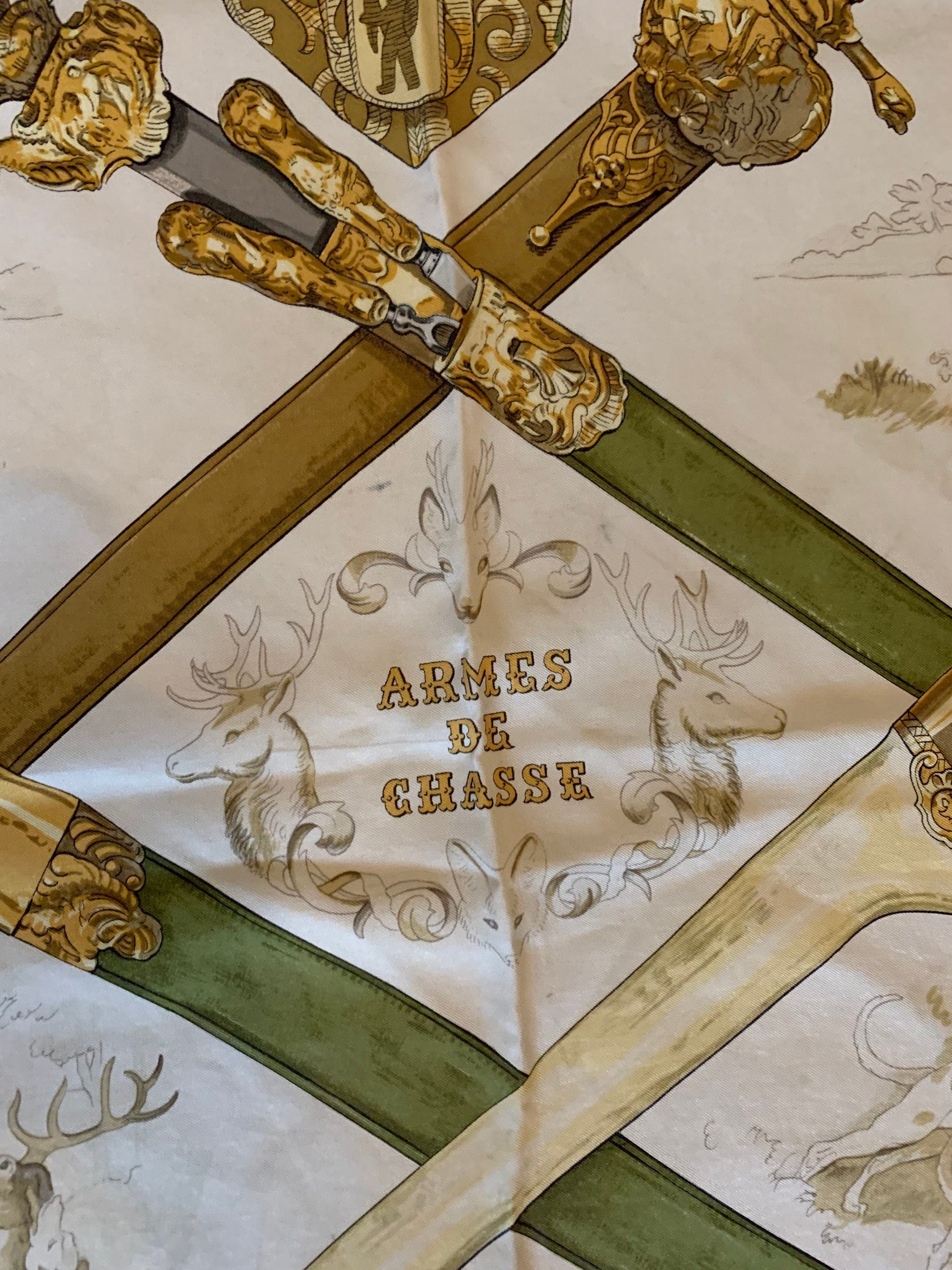 Vintage Hermes Scarf &#39;Armes de Chasse &#39; Phillip Ledoux 1970 Silk Scarf 90cm x 90cm - Navy Gold and Green Colourway